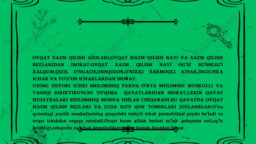 bajaradi,u yeyilgan ovqatning katta hajmini saqlab turadi.ovqat medada aralashib uning ichiga meda shirasi singib kiradi ovqatning tarkibiy qismlari ayniqsa oqsillar meda shirasininh fermentlari tasirida kimyoviy oʻzgaroshlarga duch keladi. meda ingichka ichak ingichka ichak medial chiqish qismidan boshlanib oʻng yonbosh soxasida yoʻgʻon ichakning bosh qismida yakunlanadi. ingichka ichakda moddalarnimg kimyoviy tasiri parchalanishi davom etadi. yoʻgʻon ichak yoʻgʻon ichak ingichka ichakning davomi hisoblanadi. va quydagi qismlardan tashkil topgan koʻrichak qism koʻtariluvchi qism koʻndalang qism image1.png image2.svg image3.png image4.svg image5.png image6.svg image7.png image8.svg image9.png image10.svg image11.png image12.svg image15.png image16.svg image13.png image14.svg image17.png image18.svg image19.png image20.svg /docprops/thumbnail.jpeg