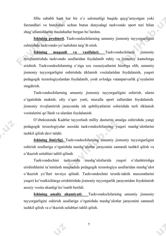 raflama foydalidir, chunki o’zida gimnastika, yakkakurash, raqs elementlarini qamrab olgan bo’lib, insonga nafaqat sog’lik, kuch, epchillik, chidam, balki harakatlar madaniyatini tushunish, o’z tanasi go’zalligini his etish, o’z organizmini bilish, uni boshqarish va bu orqali rohatlanish hissiyotini beradi. 2.taekvondo sport turi sifatida texnik elementlarni egallashni yuqori darajada olib chiqish, sparring, pumьse, kьokpa (predmetlarni sindirish) musobaqalarida juda qiziqarliligi bilan katta ahamiyatga egadir. 3.taekvondo jangovor san’at sifatida juda katta ahamiyatga egadir. taekvondo jangovor san’at sifatida nimasi bilan ahamiyatga molik? bu sport qoidalari bilan chegaralanmagan, elementlar go’zalligiga ega juda ko’p himoya va hujum vositalarini o’z ichiga qamrab olgan jangovor arsenaldir. lekin bunda yashiringan ruhiy va falsafiy qatlam ham mavjud. bu yashirin qatlamni bilish, insonga taekvondoni ruhiy va jismoniy barkamollikka erishish vositasi sifatida qo’llash imkoniyatini ochib beradi. ko’pchilik dunyoga juda ko’p yakkakurash turlarini bergan xitoyni “u-shu”ning vatani va “u-shu” ni esa barcha yakkakurash turlarining asosi deb hisoblaydi. lekin hozirgacha xitoyga qo’shni mamlakatlar bu fikrga e’tiroz …