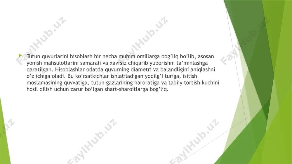 uchi shunchalik yuqori bo’ladi (ma’lum chegaragacha). bino balandligi va joylashuvi: tutun quvuri odatda bino tomidan ma’lum bir balandlikda chiqib turishi kerak (odatda tomning eng baland nuqtasidan kamida 0.5 metr yuqorida yoki yon atrofdagi inshootlardan yuqoriroq). bu shamolning quvurga teskari ta’sirini kamaytirish va tutunning binoga qaytib kirmasligini ta’minlash uchun zarur. atrof-muhit muhofazasi talablari: katta quvvatli qozonxonalar uchun tutun quvurining balandligi, zararli moddalarning atmosferada tarqalishini hisobga olgan holda, sanitariya me’yorlariga muvofiq belgilanadi. bu yer sirtidagi ifloslantiruvchi moddalar konsentratsiyasi ruxsat etilgan me’yorlardan oshmasligini ta’minlashi kerak. adabiyotlar. 1.рихтер л.а., елизаров д.п., лавыгин в.м. «вспомогательное оборудование тепловых электроcтанsий». м.: энергоатомиздат, 1987 г. 2. рыжкин в.я. «тепловые электрические станcии» м.: энергия, 1999 г. 3. кудинов в.а. «техническая термодинамика» 4. луканин в.н. и др. «теплотехника» 5. щепетильников м.и., клапушин в.и., мошкарин а.в. «расчет теплообменного оборудования тепловых электроcтанcий» иваново, 1999 г xulosa . tutun quvurlarini hisoblashni organism va atrof muhitga chiqayotgan zararli gazlarini zararsizlantirish image1.jpeg image2.jpeg /docprops/thumbnail.jpeg