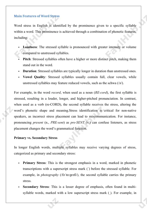 syllable verbs are stressed on the second syllable, particularly those with prefixes. examples include: · re-ply (/rɪˈplaɪ/) · be-gin (/bɪˈɡɪn/) · de-cide (/dɪˈsaɪd/) however, exceptions exist. for instance, the verb open (/ˈoʊpən/) is stressed on the first syllable, illustrating that these rules are not absolute. additionally, some words, such as record or present, change stress based on their grammatical function: · noun: re-cord (/ˈrekərd/) · verb: re-cord (/rɪˈkɔːrd/) this distinction is particularly important for english learners, as stress placement can disambiguate meaning in such cases. stress in multi-syllable words in words with three or more syllables, stress placement becomes more complex and is influenced by syllable structure, word origin, and suffixes. general guidelines include: · stress on the third-from-last syllable: in many multi-syllable words, especially those of latin or greek origin, the primary stress falls on the antepenultimate (third-from-last) syllable. examples include: · pho-to-graph (/ˈfoʊtəɡræf/) · de-mo-cra-cy (/dɪˈmɑːkrəsi/) · ge-o-gra-phy …