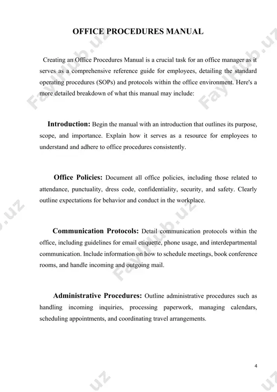different employment classifications (full-time, part-time, temporary) and outline the benefits available to employees, such as health insurance, retirement plans, paid time off, and other perks. 6. compensation and payroll: detail the company's compensation structure, including pay periods, overtime policies, bonuses, and salary reviews. provide information on payroll procedures, including how to report hours worked and access pay stubs. 7. work schedule and attendance: clarify expectations regarding work hours, breaks, and attendance. outline procedures for requesting time off, reporting absences, and managing attendance records. 8. performance management: describe the company's performance management process, including performance evaluations, goal setting, feedback mechanisms, and professional development opportunities. 9. health and safety: provide information on workplace health and safety policies, procedures, and resources. cover topics such as emergency procedures, accident reporting, first aid, and ergonomic guidelines. 10. technology and security: explain the company's policies regarding technology usage, including acceptable use of company equipment, internet usage, …