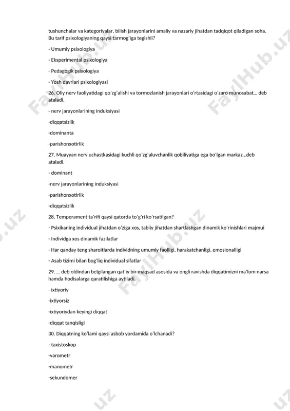 langan holati 39. bir sezgiga a’zosiga ta’sir etuvchi qo’zg’atuvchi ikkinchi sezgini yuzaga kelishiga sabab bo’ladi. mazkur qonuniyat nima deb ataladi? - sinesteziya -adaptasiya -konstatuktiv -sensibilizasiya 40. idrok bu ... - sezgi a’zolariga bevosita ta’sir etib turgan narsa va hodisalarning obrazlarining kishi ongida bir butun holda aks ettirilishidir -bor narsani noto’g’ri anglash -yo’q narsani his qilish -sezgi a’zolariga ta’sir etib turgan narsa va hodisalar ayrimlarini aks etishi 41. gallyusinasiya – bu ... - yo’q narsani noto’g’ri idrok qilish -bor narsani noto’g’ri idrok qilish -idrokning shaxs va uning tajribasiga bog’liqligi -mavjud narsalarni bo’rttirib idrok qilish 42. narsalarning fizik holati (ko’z to’r pardasidagi obrazi) o’zgarsa-da, obrazining o’zgarmasligi bu... - idrok konstantligi -gallyusinasiya -idrok -sezgi 43. idrok konstantligi bu... - narsalarning fizik holati (ko’z to’r pardasidagi obrazi) o’zgarsa-da, obrazining o’zgarmasligi -shaxsning idrok qilish qobiliyati -idrokning shaxs va uning tajribasiga bog’liqligi -vaqtni idrok qilish 44. illyuziya bu... - bor narsani noto’g’ri, yanglish idrok qilish -bir …
