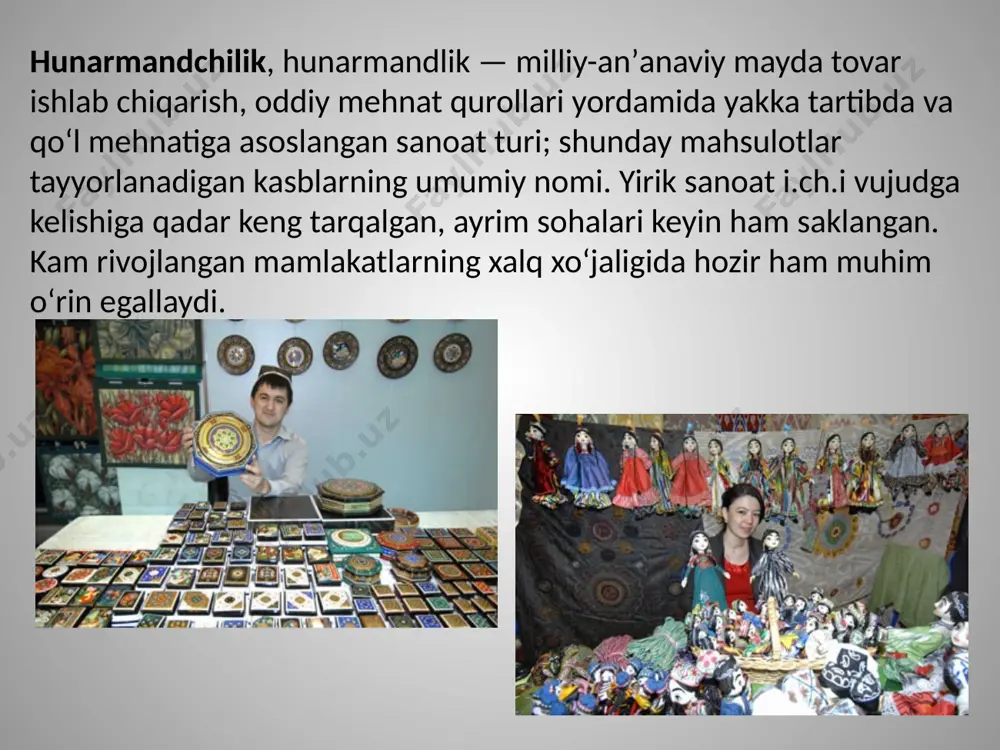 iqtisodiyotining kapitalistik shaklini yuzaga keltirdi. h. yevropa shaharlarida sanoat rivojiga ham oʻz hissasini qoʻshdi (toʻqish dastgohlari takomillashdi, 14-a. oʻrtalarida germaniyada domna pechlarining paydo boʻlishi metallurgiyapa jiddiy oʻzgarishlarga olib keldi. 14—15-a.larda oʻq otar qurollar ishlab chiqarila boshlandi). kapitalistik i.ch. munosabatlari h.ning keyingi taraqqiyotiga zarba berdi, h.ning koʻpgina sohalari tush-kunlikka uchradi. sanoat toʻntarishi oqibatida tez va arzon ommaviy ishlab chiqarila boshlagan f-ka, zavod mahsulotlari h. mahsulotlarini bozordan siqib chiqardi. xonlik hujjatlariga ko`ra, qo`qonda hunarmandchilikning miskar, zargar, o`ymakor, kulol, qog`ozgar, to`qimachi, do`ppi tikuvchi, kashtachi, ko`priksoz, temirchi, novvoy, aravasoz, baxmalbof, bo`yoqchi, dorukash, devorzan, degrez, ko`nchi, miltiqsoz, nayzagar, panjarasoz, pillakash, po`stindo`z, taqachi, paranjido`z, chevar, chitgar, gilamchi kabi turlari bo`lgan. xonlikda oltin ma`dani kosonsoy (namangan)dan, qoratog` shimolidagi ko`krev daryosidan, chirchiq daryosi bo`ylaridan, chotqol daryosi yuqori oqimlaridan olingan. samarqandda bo`lganidek, qo`qon xonligida ham qog`oz ishlab chiqarilgan. qog`oz juvozxonasi qo`qon shahrining mo`yi muborak darvozasi orqasida maqbara yonida joylashgan. yurtimizda ota-bobolarimizdan meros, avloddan-avlodga o‘tib kelayotgan xalq amaliy san’ati va …