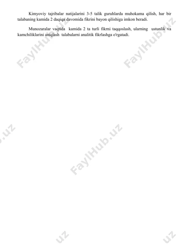 ta'kidlashga undaydi. kimyoviy tajribalar natijalarini 3-5 talik guruhlarda muhokama qilish, har bir talabaning kamida 2 daqiqa davomida fikrini bayon qilishiga imkon beradi. munozaralar vaqtida kamida 2 ta turli fikrni taqqoslash, ularning ustunlik va kamchiliklarini aniqlash talabalarni analitik fikrlashga o'rgatadi. 📌xulosa кимё дарсларида ўқувчиларнинг оғзаки нутқини ривожлантириш учун мунтазам машғулотлар, муҳокамалар ва тақдимотлар катта аҳамиятга эга. бу уларнинг фанга бўлган тушунишини чуқурлаштириш ва мустақил фикрлаш қобилиятини оширишга ёрдам беради. 📚foydalanilgan adabiyotlar 1. kimyo darslarida og'zaki nutqni rivojlantirish: zamonaviy pedagogik texnologiyalar. (kimyo o'qituvchilari uchun qo'llanma). toshkent, 2023. 2. og'zaki nutq madaniyati va kimyo fanini o'qitish metodikasi. "o'qituvchi" jurnali, 2022, № 5. 3. talabalarning kimyo fanidan og'zaki javoblarini baholash mezonlari