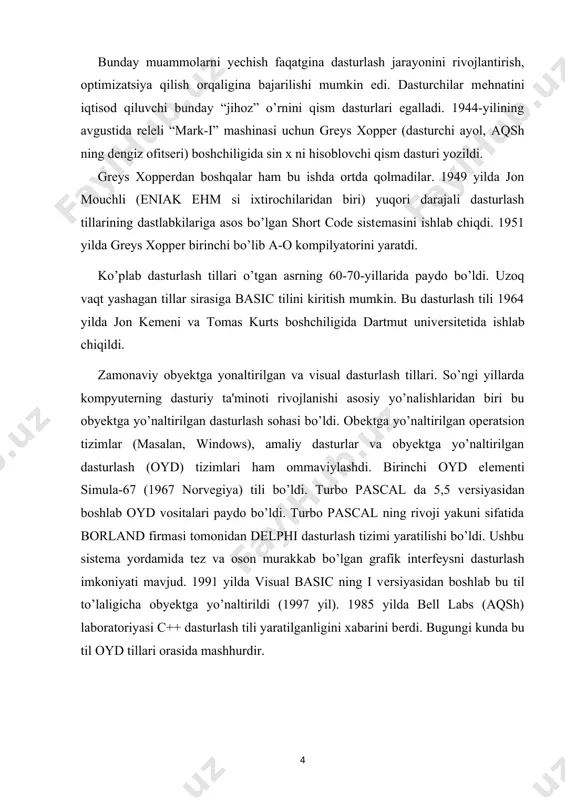 dasturim { classprogram { publicstaticvoidmain(string[] args) { console.writeline("hello world!"); console.readkey(true); } } } c# tilida yozilgan dasturni ishlatish uchun 1. kodni fayllar sistemasida biror nom bilan saqlash lozim(hello.cs) 2. kommandalar satrida csc /debug hello.cs buyrug’ini bajarish lozim. ushbu buyruq bajarilgach, natijaviy *.exe kengaytmali fayl hosil bo’ladi. agar kompilyatsiya jarayonida xatolik yuzaga kelsa, ma’lumot chiqariladi. /debug parametri bajariluvchi faylga maxsus simvollarni joylashtiradi. natijada *.exe faylni qayta ishlovchi dasturda taxlil qilinayotganda stekni kuzatib borishlari mumkin. 3. dasturni ishlatish natijasida, ekranga c# dasturlash tilida consol rejimda dastur tuzish uchun yangi loyiha yaratamiz (file/new project/visual c#/ console application). ushbu loyihamizning nomini masalan “mening dasturim” deb nomlaymiz. bizga c# kodini yozish uchun yangi oyna ochiladi. consol rejimida ishlash uchun .net da console sinfi ishlatiladi. bu sinfning afzalligi 2 ta qismdan iborat bo’lib, uning barcha metodlari o’zgarmas, sanoqli bo’ladi. uni ishlatish uchun nusxalash shart emas. u kiritish, chiqarish va xatoliklarni chiqarishni o’z ichiga oladi. odatda kiritish, …
