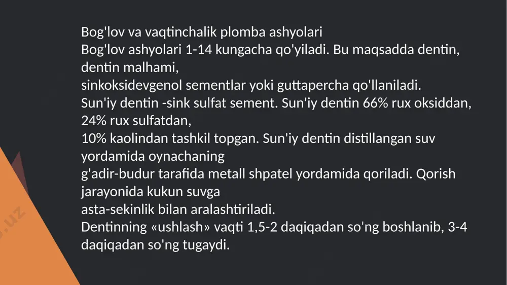 plomba ashyolari tasnifi .vaqtinchalik plomba ashyolari-bogʻlov materiallari. - Page 5