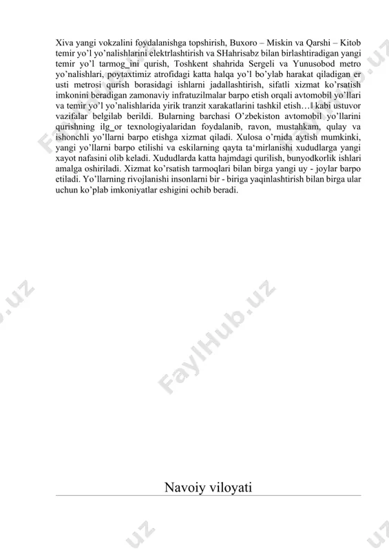 espublikamizda yoʼl tarmogʼi holatini sifat jihatidan oʼzgartirishga qaratilgan qoʼshimcha choralar qabul qilishni taqozo etmoqda. oʼzbekiston respublikasi prezidentining 2019 yil 9 dekabrdagi «yoʼl sohasini boshqarish tizimini yanada takomillashtirishga oid chora-tadbirlar toʼgʼrisida» gi pq 4545-son qarori tasdiqlandi 2017-yilning 24-dekabridagi o’zbekiston respublikasi prezidenti sh.m. mirziyoevning oliy majlisga murojaatnomasida ―…2018 yilda yangi yo’llar barpo etish, transport-logistika infratuzilmasini yanada rivojlantirish, ko’rsatilayotgan xizmatlar sifatini oshirish, 180 kilometr uzunlikdagi temir yo’llarni qayta tiklash va 200 kilometrdan ortiq temir yo’llarni elektrlashtirish, toshkent – urganch – xiva tezyurar poezdi va toshkent –samarqand – buxoro – urganch – xiva turistik poezdi harakatini yo’lga qo’yish, toshkent janubiy vokzali hamda xiva yangi vokzalini foydalanishga topshirish, buxoro – miskin va qarshi – kitob temir yo’l yo’nalishlarini elektrlashtirish va shahrisabz bilan birlashtiradigan yangi temir yo’l tarmog‗ini qurish, toshkent shahrida sergeli va yunusobod metro yo’nalishlari, poytaxtimiz atrofidagi katta halqa yo’l bo’ylab harakat qiladigan er usti metrosi qurish borasidagi ishlarni jadallashtirish, sifatli xizmat ko’rsatish imkonini beradigan …
