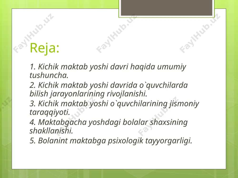 a unga qo‘yiladigan talablar sistemasi, atrofdagilar bilan munosabat, u egallayotgan bilim va faoliyat turi hamda bu bilimlarni egallash usullaridir. yosh davrlarida rivojlanishning asosiy o‘zgarish mexanizmlari. yosh davrlarini aniqlash atrofdagilarga munosabatlarning rivojlanish darajasi bilan bilim, usullar, qobiliyatlar rivojlanishi darajasi o‘rtasidagi aloqani belgilab beradi. mazkur ikki taraf orasidagi munosabatlarning o‘zgarishi keyingi yosh bosqichlariga o‘tishning muhim ichki asosi («harakatlantiruvchi kuch»)ni tashkil etadi. bola yashash sharoiti, tarbiya va ta’lim olish sharoitining o‘zgartirilishi rivojlanishning yosh davrlari almashinuvini belgilovchi muhim omildir. so‘nggi vaqtlarda yosh va pedagogik psixologiyada ko‘proq pedagogik mezonlarga asoslangan davrlashtirish qo‘llanilmoqda. maktabgacha yosh go‘daklik (3 yoshgacha) – yasli; bog‘chaning kichik guruhi – uch yosh; bog‘chaning o‘rta guruhi – to‘rt yosh; bog‘chaning katta guruhi – besh yosh; bog‘chaning tayyorlov guruhi – olti yosh. maktab yoshi kichik (1-4-sinf) – boshlang‘ich maktab – 7-10 yosh; o‘rta (5-9-sinf) – o‘rta maktab – 11-15 yosh; katta(10-12-sinf) – akademik lisey yoki maxsus ta’limda – kasb-hunar kollejlar – 16-18 yosh. kichik …