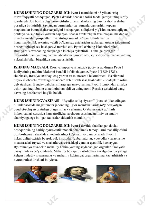 i eng qudratli yevropa imperiyalaridan biriga aylandi. pyotr rossiyani modernizatsiya qiladi butrus rossiyani modernizatsiya qilishga qaratilgan keng qamrovli islohotlarni amalga oshirdi.g'arbiy evropadan kelgan maslahatchilarining ta'siri ostida, pyotr rus armiyasini zamonaviy yo'nalish bo'yicha qayta tashkil etdi va rossiyani dengiz kuchiga aylantirishni orzu qildi.piter o'z saroyiga frantsuz va g'arbiy liboslarni kiritib, saroy a'zolari, davlat amaldorlari va harbiylardan soqollarini olish va zamonaviy kiyim uslublarini o'zlashtirishni talab qilish orqali ijtimoiy modernizatsiyani mutlaq tarzda amalga oshirdi.rossiyani g'arbiylashtirish jarayonida u o'z oila a'zolarining boshqa evropa qirolliklariga uylanishlarini xohladi.o'z islohotlarining bir qismi sifatida piter sekin, ammo muvaffaqiyatli bo'lgan sanoatlashtirish harakatini boshladi.rossiya ishlab chiqarishi va asosiy eksporti tog'-kon sanoati va yog'ochsozlik sanoatiga asoslangan edi.o'z xalqining dengizdagi mavqeini yaxshilash uchun butrus ko'proq dengiz savdo nuqtalariga ega bo'lishga intildi.o'sha paytda uning yagona chiqish joyi arxangelskdagi oq dengiz edi.boltiq dengizi o'sha paytda shimolda shvetsiya tomonidan nazorat qilingan bo'lsa, qora dengiz va kaspiy dengizi janubda mos ravishda usmonli imperiyasi va safaviylar imperiyasi …