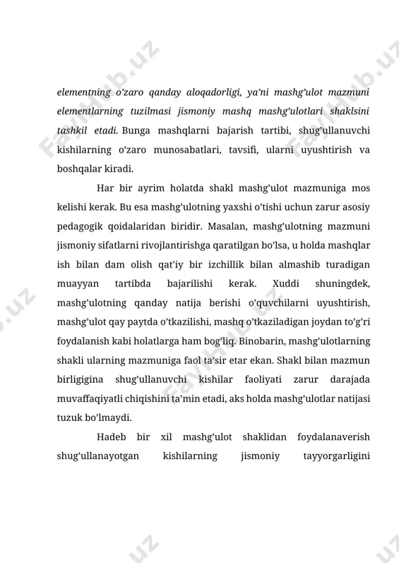 liqligi. ish qobiliyati asosiy bo’limlariga, shuningdek, pedagog hamda shug’ullanuvchi kishilar faoliyati mazmknining o’ziga xos xususiyatlariga binoan pedagogikaga oid asarlarda mashg’ulot kirish, tayyorgarlik, asosiy va yakuniy qismlarga ajratiladi. hozirga vaqtda kirish va tayyorgarlik qismlarini birlashtirib, mashg’ulotni tayyorgarlik (ba’zan uni kirish yoki kirish – tayyorgarlik qismi deb ataydilar), asosiy va yakuniy qismlarga bo’lish rasm bo’lgan. ma’lum mashg’ulot o’tkaziladigan vaqt chegaralarini nazarda tutsak, bunday bo’lish mantiqan to’g’riroq bo’ladi, chunki darsning kirish qismiga to’g’ri keladigan start oldi holatlari mashg’ulot boshlangungacha bo’ladigan vaqtga mansubdir. to’g’ri, bunday holatlar faqat darsning kirish qismidagina sodir bo’lmay, balki barcha alohida vazifalarini (baho olish uchun harakatlar bajarish, o’quv musobaqalari va shunga o’xshashlarni) bajarish oldidan ham uchrab turadi, biroq ular bunda boshqacharoq sifat darajasiga o’tadi. jismoniy mashq mashg’ulotlarida o’qituvchi o’z oldiga harakatlarni o’rgatish, turli jismoniy fazilatlarni taraqqiy ettirish, shaxsiy xususiyatlarni tarbiyalash, u yoki bu sog’lomlashtirish vazifasi singari ko’pgina vazifalar qo’yadi. binobarin, mashg’ulotlarning umumiy tuzilmasi haqidagi tushuncha qarama – qarshi tushunchadir. agar …