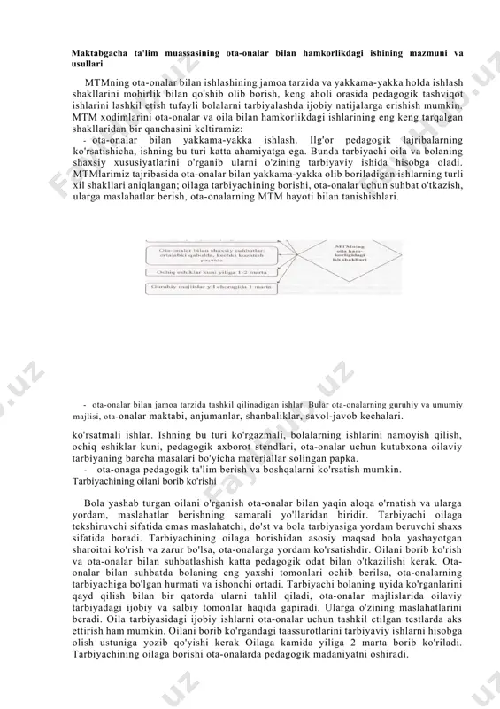 y sotsalistlari sen semon, shari fure asarlarida keyinchalik rivojlantirildi. ular bola tarbiyasi bilan asosan davlat shug'ullanishi kerak, degan g'oyani ilgari surganlar. ammo sharq mutafakkirlari bola tarbiyasi bilan asosan ota-ona shug'ullanishi kerak, degan xulosaga kelganlar. bu bilan ular oilaviy tarbiyaning roliga katta e’tibor berganlar.rizouddin ibn fahriddinning "oila” nomli risolasida bola tarbiyasi yomon niyat va qo'pollik bilan emas, balki sabr-toqat, matonat, mehribonlik, chidamlilik, shafqat-u sezgirlik bilan bo'lishi kerak. zarar bilan foydani ayira olmagan yosh go'dakni nazoratsiz tutish ulug' xatolikdir. balki uni qattiqlik bilan yumshoqlik o'rtasida adolat bilan tarbiya qilmoq kerakligi haqida fikrlar berilgan (rizouddin ibn faxriddin. oila. - т.: mehnat, 1991).ma’lumki, bola 2-3 yoshidan boshlab, o'z ehtiyojlari, fikr va talablarini birmuncha aniq ifoda etadigan bo'lib qoladi. u ko'zi- ga ko'ringan, aqli yetgan narsalarni so'ray va ularni sinchkovlik bilan tekshira boshlaydi. ota-onalar milliy fazilatlarimizga muhabbat bilan qarash, razolatlardan nafrat qilish yo'llarini bolalarga o'rgatadilar. xalqimiz orasidagi buyuk odamlarning kamolotlari to'g'risida so'zlab beradilar.bolalarni kamtarlik va …