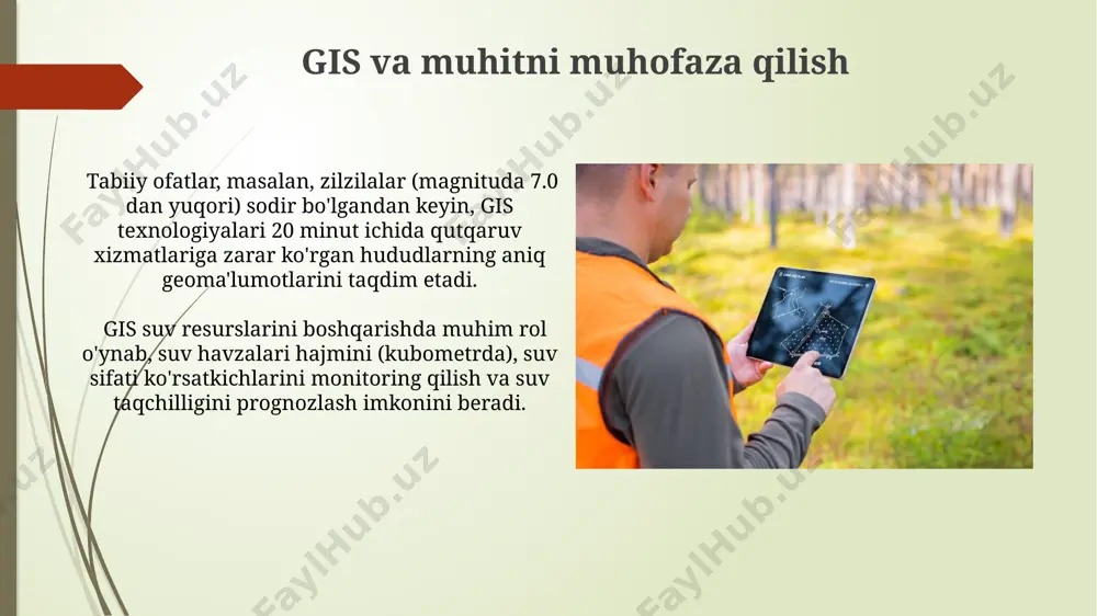 cision farming texnologiyalari bilan birgalikda ishlatilganda, gis 30% ga qadar pestisidlar va gerbitsidlar miqdorini kamaytirib, atrof muhitga salbiy ta'sirini minimallashtiradi. geoma'lumot tizimlari nima? geoma'lumot tizimlari (gmt) yer yuzasidagi 2d yoki 3d ma'lumotlarni, masalan, yo'llar, binolar va tabiiy resurslarni, raqamli formatda saqlash, tahlil qilish va vizualizatsiya qilish imkonini beradigan kuchli kompyuter tizimlaridir. gmt turli xil ma'lumot manbalarini, shu jumladan, sun'iy yo'ldosh suratlari, aero-suratlar va gps ma'lumotlarini birlashtirib, murakkab geografik tahlillarni amalga oshirishga imkon beradi, natijada 100 dan ortiq turdagi xaritalar yaratish mumkin. gis va transport gis yordamida transport tarmoqlarini optimallashtirish, yo'nalishlarni rejalashtirish va 30% gacha yoqilg'i sarfini kamaytirish imkonini beradi. logistik kompaniyalar gis texnologiyalaridan foydalanib, yetkazib berish marshrutlarini 20% tezlashtirib, vaqt va resurslarni tejaydi. geoma'lumotlarni to'plash usullari gps (global positioning system) texnologiyasidan foydalanib, yer yuzasidagi nuqtalarning geografik koordinatalarini aniqlash orqali 1-10 metr aniqlikdagi geoma'lumotlarni to'plash mumkin, bu esa yer kadastri uchun muhim ahamiyatga ega. geoma'lumotlarni to'plashning eng keng tarqalgan usullaridan biri …