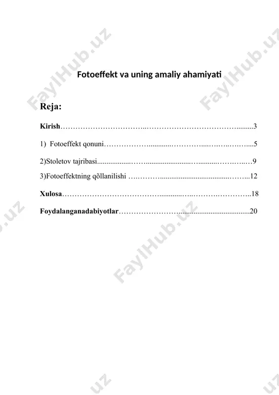 t qonunlariga tayanib hozirgizamontexnologiyalariningishlashida fotoelementlarningahamiyatinio�rganishdaniborat. mavzuning maqsadi:fotoeffektningqonunlarinivastoletovtajribasiyaratganqonunlarvabuqonunlarinifanvatexnikadaqòllanilishinihаqidаfenomenologikbilim,ko’nikmаvаmаlаkаshаkllаntnrishdir. mavzuning vazifasi: 1.optikafanidaerishilganyutuqlar. 2. fotoeffektni fan va texnikada qõllanilishi õrganish . 4 1.fotoeffekt qonuni 1887 yilda nemis fizigi g.gers tomonidan kashf qilindi va 1888-1890 yillarda a.g.stoletov tomonidan eksperimental tadqiq qilindi. 1990 yilda fotoeffekt hodisasi f.leonard tomonidan yetarlicha o`rganildi. bu vaqtga kelib elektron (d.tomson 1897 yil) kashf etilgan edi, va ma‘lum bo`ldiki fotoeffekt (yoki aniqrog`i tashqi fotoeffekt) moddadan unga tushadigan yorug`lik ta‘sirida elektronlarni yulib olishdan iborat ekan. fotoeffektni tadqiq qilish tajribasining qurilmasining chizmasi 16.1-rasmda tasvirlangan. ( 16 . 1 - rasm. fotoeffektni o‗rganish tajriba qurilmasining chizmasi. ) tajribalarda yuzasi yaxshi tozalangan ikkita metall elektrodli shisha vakuumli ballon ishlatiladi. elektrodlarga ikki tomonlama kalit yordamida qutblarini o`zgartirish mumkin bo`lgan birmuncha kuchlanish u beriladi. elektrodlardan biri (katod k) kvars darcha orqali to`lqin uzunlikli monoxromatik yorug`lik bilan yoritiladi. 16.2-rasmda katodga tushib turgan yorug`lik oqimini ikki xil qiymati uchun olingan odatdagi egri chiziqli bog`lanish grafigi tasvirlangan. 5 16.2-rasm. fototok …