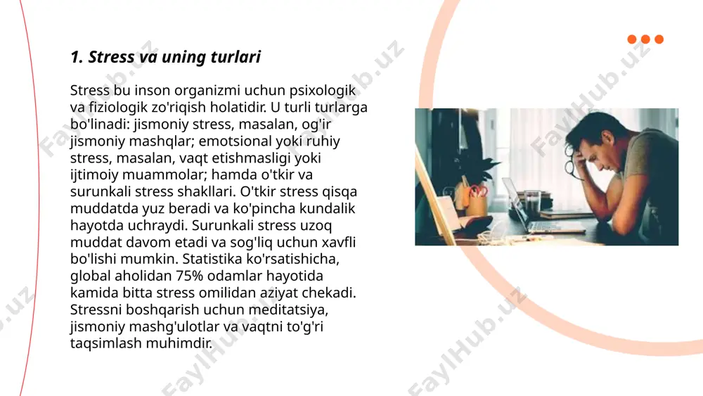 orligiga jiddiy ta'sir ko'rsatishi mumkin. tadqiqotlar shuni ko'rsatadiki, ortiqcha stress ish unumdorligini 20% ga kamaytirishi mumkin. stressdan aziyat chekadigan xodimlar diqqatni jamlay olmay qoladi va xatolar soni ko'payadi. jahondagi ishchilarning taxminan 60% tasi stress tufayli o'z ishlarida samaradorlikni kamayganini his qilishgan. stress boshqaruvi strategiyalarini qo'llash orqali unumdorlikni 20-30% ga oshirish mumkinligi o'rganilgan. stress darajasini kamaytirish xodimlarning umumiy salomatligi va ishlash qobiliyatini yaxshilashi mumkin, bu esa kompaniya foydasini ham oshiradi. shuningdek, stressni boshqarish orqali yillik iqtisodiy yo'qotishlarni kamaytirish mumkin. ... t.me/slaydai_bot 7. stress va uyqu muammolari stress va uyqu muammolari odamlar salomatligiga jiddiy ta'sir ko'rsatishi mumkin. statistikaga ko'ra, dunyoda taxminan 30% odam uyqu buzilishidan aziyat chekadi. stress esa kortizol gormoni darajasini oshirib, uyqu sifatiga ta'sir qilishi mumkin. uyqu yetishmasligi yurak-qon tomir kasalliklari, diabet va depressiya kabi salbiy holatlarning rivojlanish xavfini oshirishi mumkin. o'rtacha kattalar kuniga 7-9 soat uyquga muhtoj, lekin stress sababli bu vaqt ko'pincha qisqarishi mumkin. uyqu gigiyenasini yaxshilash va …