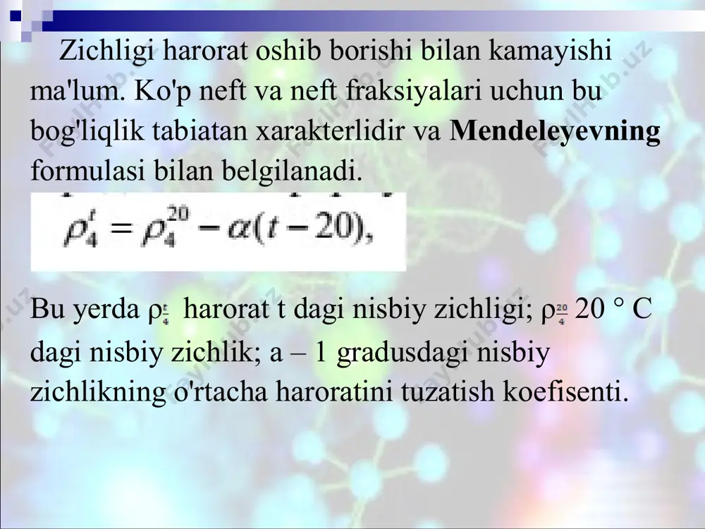 chlik; a – 1 gradusdagi nisbiy zichlikning o'rtacha haroratini tuzatish koefisenti. p h v v s 03 , 16 ) ( 0 1 × × - =