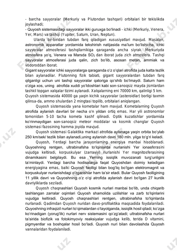 arta kam; - quyosh toji - quyoshning tashqi, eng ko‘p cho‘zilgan qatlami. quyosh toji quyosh gardishidan 106 marotaba xira bo‘lib, quyoshning to‘la tutilishi paytida yaqqol ko‘rish mumkin. quyosh toji spektorida ko‘p marta ionlangan fe, ca, mg va boshqa elementlar atomlarning emission chiziqlari bor. quyosh tojining o‘rtacha harorati 106 dan ortiq. xromosfera bilan quyosh chegarasidagi harorat 105 ga teng. quyosh tojining tashqi qatlamlaridan fazoga yuqori energiya zarra (proton, elektron) lar sochilib turadi va bu oqim quyosh shamoli deb ataladi. 2.sayyoralar va ularning harakati. quyosh , 9 ta sayyora (atorit-merkuriy, zuhra-venera, yer, mirrix-mars, mushtariye-yupiter, zuhal-saturn, uran, neptun, pluton) va ularning yo‘ldoshlaridan iborat osmon jismlari, yana bir necha o‘n ming kichik sayyora (asteroid), ko‘pdan-ko‘p kometa va mayda meteor moddalar birgalikda quyosh sistemasi (tizimi) ni tashkil etadi. quyosh sistemasi hududidagi har qanday jism ham uning a’zosi bo‘lavermaydi. quyoshning ta’sir doirasidagi har bir jismning quyosh sistemasi a’zosi bo‘lishi uchun energiya to‘la manfiy bo‘lishi kerak. bu …