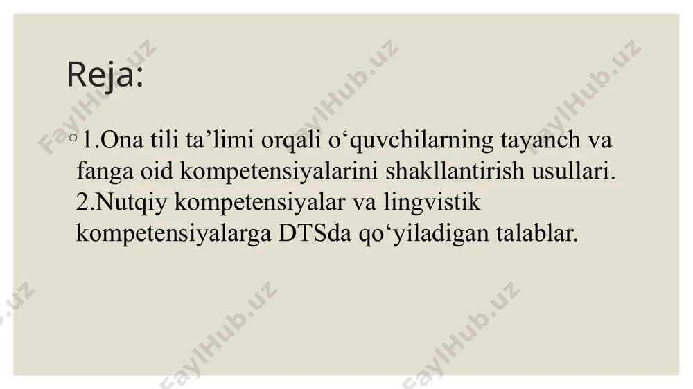 ta olish tinglab tushunish tinglangan tovushlarni o‘zaro farqlash va harflarga moslashtira olish; suhbatlashish qoidalariga rioya qilish (bir-birini hurmat qilish, soʻzga chiqishni istashini hurmat bilan soʻrash); xabar, buyruq, soʻroq ohanglarini farqlash; berilgan savolni tushunish va tartibli javob bera olish; jonli nutq, audiomatn shaklidagi matnlarning xulosasi va gʻoyasini lingvistik kompetensiya unli va undosh harflar talaffuzi, imlosini bilish, og‘zaki va yozma nutqda to‘g‘ri qo‘llay olish; bo‘g‘in ko‘chirish va bosh harflar imlosiga rioya qilish; olinma so‘zlar, atamalardan og‘zaki va yozma nutqda to‘g‘ri foydalanish; so‘zlarni o‘zaro biriktirgan holda gap hosil qila olish; gaplarning ifoda maqsadiga ko‘ra turlarini farqlay olish va nutqda to‘g‘ri qo‘llay olish. 2-sinf kompetensiya (og‘zaki nutq, yozma nutq, anglash (oʻqish va tushunish, tinglab tushunish) og‘zaki nutq otmt.1.nk.on.1 nutq tovushlarini toʻgʻri talaffuz qilish; otmt.1.nk.on.2 atrofdagilar bilan muloqotga kirisha olish, muloqot odobiga rioya qilish; otmt.1.nk.on.3 rasmlar, odamlar, narsalar va voqealarni ogʻzaki tasvirlash; otmt.1.nk.on.4 oʻquv dasturida berilgan mavzular yuzasidan fikr bildira olish; otmt.1.nk.on.5 og‘zaki fikr ifodalashda …