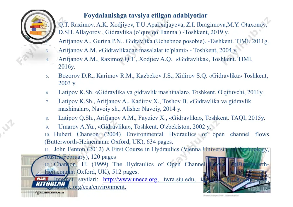 1. gidrostatik bosim kuchi o'zi ta'sir qilayotgan yuzaga (perpendikulyar) tik va ichkari tomon yo'nalgan. 2. gidrostatik bosim hamma yo'nalishda bir xil 2. gidrostatik bosim hamma yo'nalishda bir xil qiymatga ega. 3. nuqtadagi gidrostatik bosim faqat shu nuqta koordinatalariga bogliqdir, ya'ni:  zyxfp ,, gidrostatik bosim o'lchov birliklari texnikada quyidagi o'lchov birliklaridan foydalaniladi: 1. kuch birliklarining yuza birliklariga nisbati: ; ; ; = (paskal) 2м h 2м кгк 2см кгк 2 1 м h pа1 2. suyuqlik ustunining balandliklari: mm suv ustuni, mm simob ustuni 3. texnik sistemalarda: texnik atmosfera – at (atm, bar) quyidagi jadvalda bosim o'lchov birliklari orasidagi nisbat keltirilgan birliklar pа bаr kgk/sm2 mm sim.ust mm suv ust 1 pа 1,0 10-5 1,02х10-5 7,5х10-3 0,102 1 bаr 105 1,0 1,02 7,5х102 1,02х104 1 кgк/sm2 9,81х104 0,981 1,0 735 104 1 mm sim.ust 133 1,33х103 1,36х103 1,0 13,6 1 mm suv ustuni 9,81 9,81х105 10-4 7,35х10-2 1,0 tinch turgan …