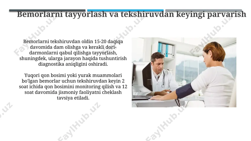 imlari tomonidan, bemorning roziligi bilan, maxfiylik tamoyillariga rioya qilgan holda amalga oshirilishi mumkin, qonun buzilishi 5 yilgacha qamoq jazosiga olib kelishi mumkin. nafas olish tizimini tekshirish uskunalari нафас олиш тизимини текширишда спирометр ёрдамида ўпка ҳажмининг 25-35% гача камайишини аниқлаш, бу эса ўпка касалликларининг даражасини аниқлашда муҳим кўрсаткич ҳисобланади. пневмотахометрия ёрдамида нафас олиш тезлиги ва ҳажмининг 10 дан ортиқ ўзгаришини аниқлаш, нафас йўлларининг торайтилишини аниқлаш имконини беради. nerv tizimini tekshirish uskunalari somatosensorli chaqiriq potentsiali (ssep) miya va orqa miya nervlarining funksiyasini baholash uchun ishlatiladigan, odatda miya po'stlog'ida va orqa miya ustunlarida latensiya va amplitudani o'lchaydigan bir qator elektr signallari va 2-4 ta elektrod orqali amalga oshiriladigan jarayondir. elektromiografiya (emg) mushaklarning elektr faolligini o'lchaydigan va nerv-mushak o'tkazuvchanligini baholashga yordam beradigan diagnostika uskunasi bo'lib, 10-20 ta elektrod yordamida signallarni qayd qiladi. tibbiy axborot tizimlari va ma'lumotlarni saqlash tibbiy axborot tizimlari bemorlarning elektron tibbiy kartalarini saqlash, tahlil qilish va 1000 dan ortiq turdagi tibbiy …