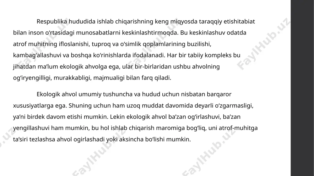 borgan. barqaror oʻzgarish amudaryoda suv sarfining kamayishi va minerallashuv darajasi oshib borishi bilan bogʻliq boʻlgan. falokat darajaning eng daxshatlisi orol dengizida yuz berdi. qisqa vaqt mobaynida (1961-2000-yillar) uning sathi 20 m pasaydi, ya’ni har yili 0,5 m dan tushib borgan. berk havzalar uchun bu katta koʻrsatkich hisoblanadi oʻzbekistonda ekologik havfsizlikni ta’minlash endilikda birinchi darajali va kechiktirib boʻlmaydigan vazifaga aylandi. chunki, ichimlik suvlarining ifloslanganligi, joylarda atmosfera havosini chiqindilar bilan jiddiy toʻyinganligi, buning natijasida aholorasida turli kasalliklar tarqalganligi, sugʻorma yerlarni shoʻrlanib, yaylovlarning mahsuldorligini pasayib borayotganligi qishloq hoʻjalik ishlab chiqarishiga salbiy ta’sir etayotganligi mamlakat miqyosida tub oʻzgarishlarni amalga oshirish zarurligini uqtiradi. inson salomatligiga texnogen chiqindilarning faol ta’siri toʻgʻrisida 70-yillarda bir qator olimlar ogohlantirgan edilar. masalan, yashash muhitida radiatsiya, kimyoviy birikmalarning ta’siri kabi mutagen omillarning keskin koʻpayishi kuzatilsa, u holda odamning genetik axboroti buzilishi mumkin. bu xodisa insonning genetik asosining buzilishi havfidan darak beradi. buning tasdigʻi sifatida keyingi 30 yil mobaynida rivojlangan mamlakatlarda nukson …