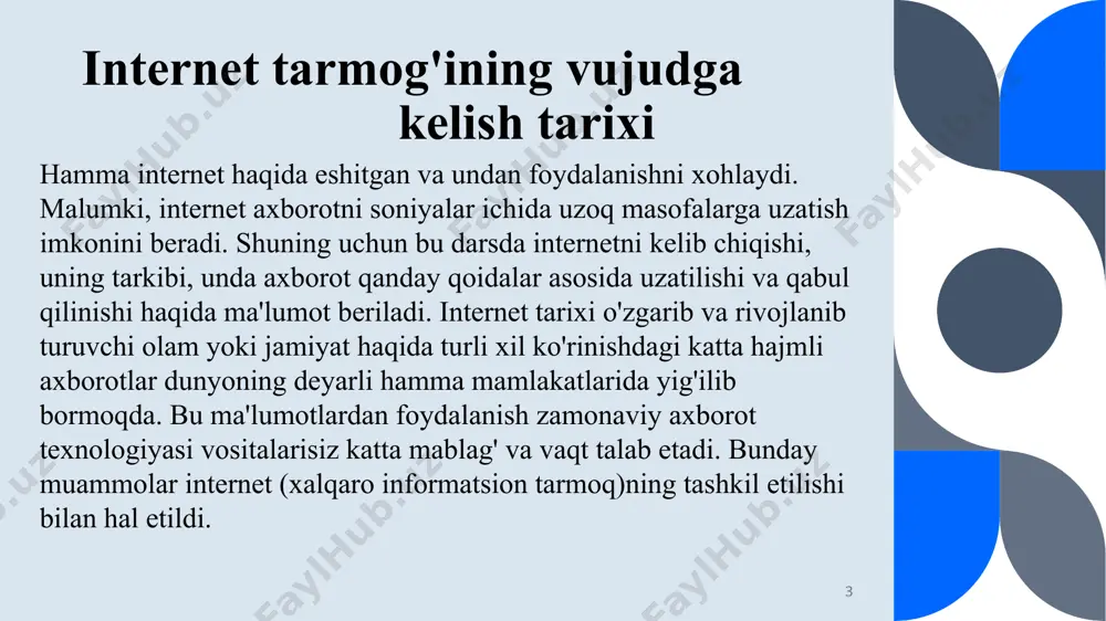 kashfiyotlari bilan bir qatorda turishga haqli. ma’lumotlarni tezkorlik bilan yetkazish qurilmasini yaratish haqida birinchi marta 1950-yillarda aqshda bosh qotirishgan. biroq bunday qurilmaning qo‘llanilishi harbiy xatti-harakatlar qayd etilgan holatlarda axborot yetkazishda ustunlikka ega bo‘lish maqsadiga yo‘naltirilgan. 7 arpanet — buzilgan aloqa bo'g'inlarni avtomatik ravishda aylanib o'tishga va tarmoqdagi kompyuierlarning ma'lumot almashishiga imkon yaratuvchi kommunikatsiyalar paketidir. 8 earthnet 9 9 dunyodagi eng katta internet-kafe nyu-yorkda joylashgan. bu erda bir vaqtning o‘zida 800 kompyuter foydalanuvchilarga xizmat qiladi. “ ” qiziqarli fakt 10 10 internet birinchi 50 million foydalananuvchisini 5 yilda to‘plagan. televideniyega esa buning uchun 13 yil kerak bo‘lgan edi. “ ” qiziqarli fakt 11 11 shimoliy koreya faqat hukumat amaldorlari va harbiylar internetga kirish imkoniga ega bo‘lgan yagona mamlakatdir “ ” qiziqarli fakt 12 12 internet haqida 1 2 3 4 5 13 13 internet tezligi eng past davlatlar qatoridan ekvotarial gvineya, sharqiy timor va yaman joy olgan. internet internet internet tadqiqot …