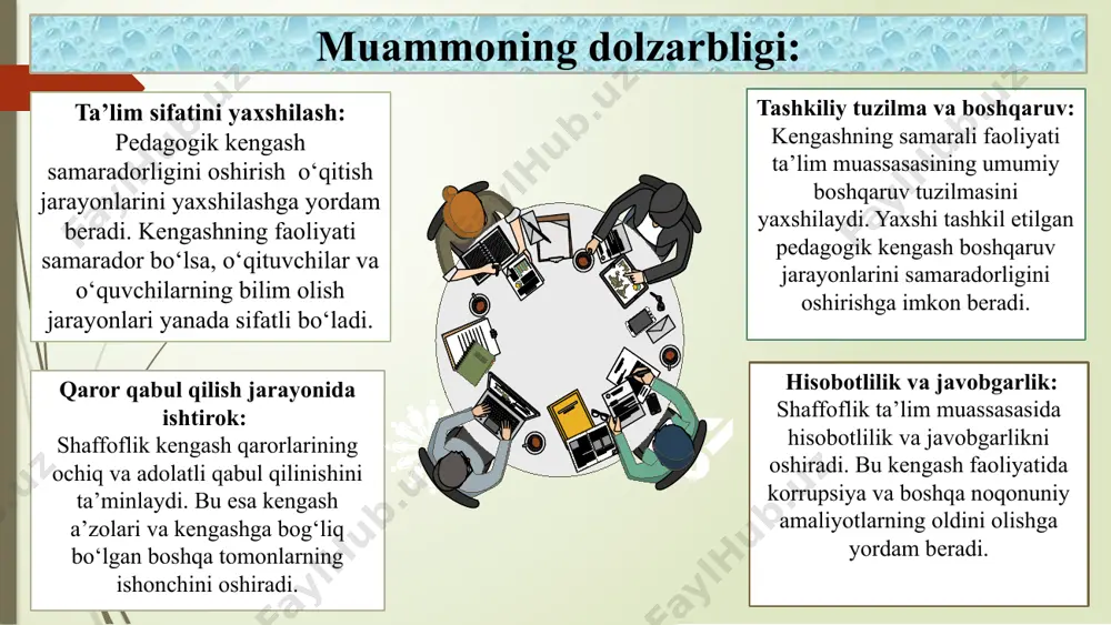 arni ta’lim boshqarmalari va jamoatchilikka taqdim etadi. yaponiya-pedagogik kengasharda (kyo‘shokuin kaigi) dars rejalari, baholash tizimi, o‘quvchilar intizomi va maktabdagi turli tadbirlar muhokama qilinadi. kengashlarda yangi g‘oyalar va yondashuvlar muhokama qilinib, samarali qarorlar qabul qilinadi. mavzu yuzasidan xorijiy davlatlar tajribalari rossiya-pedagogik kengashlar, o‘qituvchilar va o‘quvchilar orasidagi o‘quv jarayonlarini monitor qilish, ta'lim va tarbiyaviy maqsadlarni o‘z ichiga olgan yangi yo‘llarni qidirib topishda va dars jarayonlarini mustahkamlashda yordam berishda juda muhim. 8 qiyosiy tahlil etilganligi amaldagi holat o‘zbekistonda amaldagi holat xorijda taklif maktab boshqaruvida pedagogik kengashlar juda katta ahamiyatga ega. o‘quv jarayonlarini samarali boshqarishga yordam beradi. yaponiya-pedagogik kengasharda (kyo‘shokuin kaigi) dars rejalari, baholash tizimi, o‘quvchilar intizomi va maktabdagi turli tadbirlar muhokama qilinadi. kengashlarda yangi g‘oyalar va yondashuvlar muhokama qilinib, samarali qarorlar qabul qilinadi. maktab boshqaruvida pedagogik kengashlarga o‘quv dasturlarini moslashtirish va o‘quv jarayonlarini boshqarishda erkinlik berish va natijadorlik bilan birga javobgarlik hissini ham oshirish kerak. maktab boshqaruvida pedagogik kengashlar muntazam ravishda hisobotlar tayyorlab, …