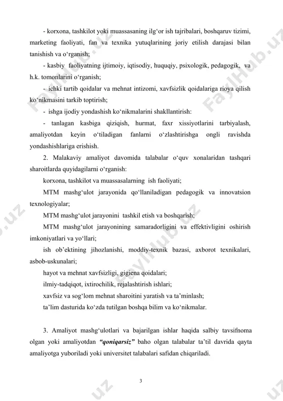 sasasi va malakaviy amaliyot rahbarlari to‘g‘risida umumiy ma’lumot ta’lim muassasasi: sharof rashidov nomidagi samarqand davlat universiteti ta’lim muassasasi rektori: r. i. xalmuradov o‘quv ishlari bo‘yicha prorektor: a. s. soleev yoshlar bilan ishlash bo‘yicha prorektor: sh. sh. negmatova ilmiy ishlar bo‘yicha prorektor: h. a. xushvaqtov moliyaviy va iqtisodiyot ishlari bo‘yicha prorektor: s. abdujabborov amaliyot yo‘llanmasi _____________________________________ fakulteti ____kurs __________ (o‘zb, rus) guruhi talabasi _______________________________________________________________ malakaviy amaliyot o‘tash uchun ___________________________________________________ _____________________________________________________________________________ ga jo‘natildi. malakaviy amaliyot muddati 2022-yil ___________dan 2023-yil 20- _______gacha. kafedra bo‘yicha amaliyot uslubchisi _______________________________________________. asos: universitet rektorining 2022__ “___” _____ da chiqarilgan ____ - sonli bo‘yrug‘i. fakultet dekani: s. x. o’roqov ______________________________ m.o‘. talaba _______________________________________________________________________ _______________________________________________ ga amaliyot o‘tash uchun keldi. u _______ (guruh)ga berkitildi. mtt direktori _____________________________________________ m.o‘. ta’lim muassasasi va malakaviy amaliyot rahbarlari to‘g‘risida umumiy ma’lumot ta’lim muassasasi: ___________________________________________________________ direktor o‘rinbosari: _________________________________________________________ sinf (guruh): ________________________________________________________________ pedagog tarbiyachi: _____________________________________________________________ guruh rahbari: ____________________________________________________________ kafedra bo‘yicha pedagogik amaliyot uslubchisi va amaliyot …