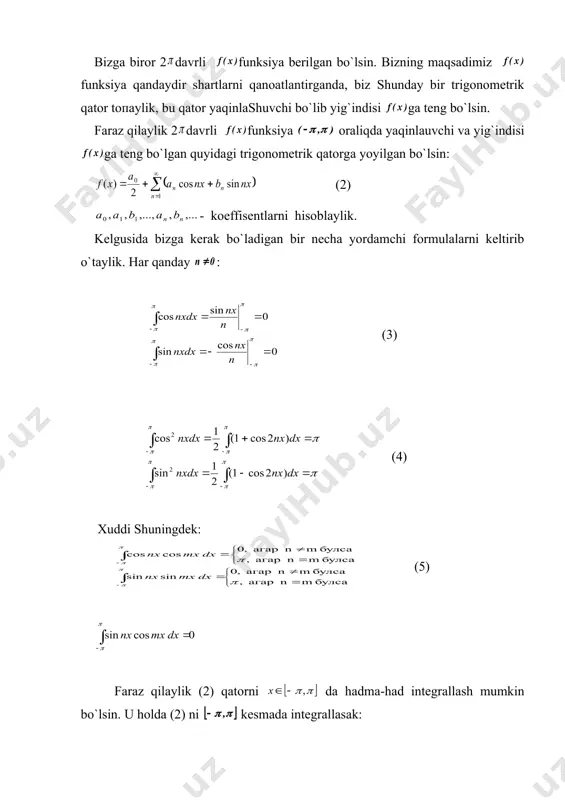 î ï í ì = булса жуфт k агар , 0 булса ток k агар , k 1 ... , 0 b , 3 1 b , 0 b , 1 b 4 3 2 1 = = = = ( ) ( ) ... x 1 n 2 sin 1 n 2 1 ... x 3 sin 3 1 x sin x f + - - + + + = ( ) ... 1 n 2 1 1 ... 5 1 3 1 1 4 да 2 x 1 n - - + - + - = = + p p p 2 ( ) ( ) [ ) î í ì î - î - = = p p , 0 x агар , x 0 , x агар , x x x f p 2 - p p p 2 p 3 ( ) x f p …