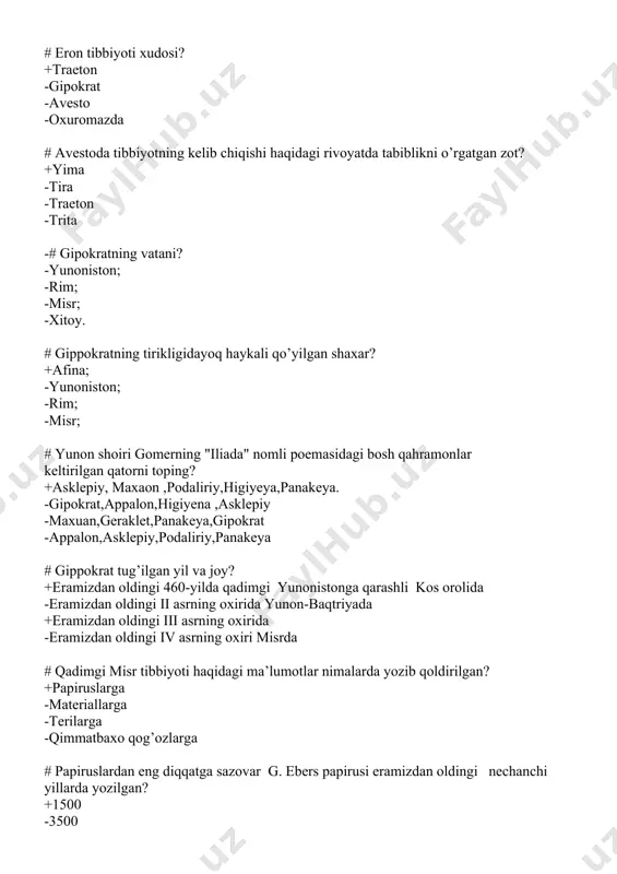 tga oid papiruslar asosan nima haqida yozilgan? +turli dorilar va ularni tayyorlash -bolalar kasalligi -turli kasalliklar -yuqumli kasalliklar # misr tabiblari kasallarni davolashlaridan oldin nimalarni amalga oshirganlar? +turli afsungarlik ishlarini bajarganlar -bemorlarni ko’zdan kechirganlar -kasallik haqida ma’lumot to’plaganlar -qo’l bilan paypaslab ko’rganlar # har bir misr tabibi nimani bilishlari zarur bo’lgan? +afsungarlikni -dori tayyorlashni -birinchi yordam ko’rsatishni -dori qaysi kasalga davoligini +# aleksandriyalik olim xerofil tabiblik faoliyatini o’rganishni nimadan boshlagan? -odam anatomiyasi -fiziologiyasi -psixologiyasi -morfologiyasi # qadimgi sharq mamlakatlarining qaysi biri tibbiyotda massajdan foydalanganlar? +xitoy,hindiston -eron, xitoy -misr,xitoy -xitoy,eron # qaysi sharq mamlakatlarida kasallikning og’ir yengilligiga qarab tomir urishi turlicha bo’lishini aniqlaganlar? +xitoy -hindiston -misr -eron # sushruta ayurvedasida nechtadan ortiq kasllik haqida bayon etilgan? +1500 -2500 -3000 -1000 # qadimgi hindistonda eng mohir jarroh kim bo’lgan? +sushtra -atrein -maska -imxoteb # ilk marotaba davolashda operatsiya muolajasini qo’llagan mamlakat? +misr -xitoy -hindiston -tibet # qadimgi eronliklar kimlar deb atalgan? +forslar …