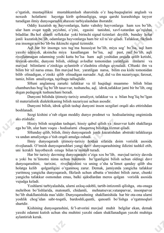 robiy, beruniy, xorazmiy, ibn sino, ibn rushd (averros), bahouddin naqshband, najmiddin kubro, ahmad yassaviy shular jumlasidandir. kaykovusning "qobusnoma", iv asrdagi hind faylasufi beydaboning "kalila va dimna" asarlari, "ramayana", "maxabhorat" dostoni, yusuf xos hojibning "qutadg’u bilig", nosir hisravning "saodatnoma", sa’diyning "guliston va bo’ston", abdurahmon jomiyning "bahoriston", navoiyning "mahbub ul qulub", ahmad donishning "o’g’illarga nasihat" bundan tashqari o’tmishning "chor darvesh", "ming bir kecha", "qur’oni karim", "hadisi sharif"dagi asarlarda ham juda katta, qimmatbaho va boy ma’naviy-madaniy meros bo’lib, sharq va g’arb xalqlari ming yillar mobaynida bulardan bahramand bo’lganlar. xix asrning ikkinchi yarmiga kelib turkiston rus mustamlakachilari tomonidan bosib olindi. bu davrda milliy-ma’naviy merosga, madaniyatga past nazar bilan qarovchi shovinistik siyosat hukmron edi. shunday bo’lsada bu davrda said ahmad siddiqiy (samarqand), furqat, muqimiy, a. donish, avaz o’tar o’g’li, hamza, abdulla avloniy (toshkent), ibrat, fitrat, behbudiy, munavvar qori, cho’lpon, qori niyoziy va boshqalar bola tarbiyasiga oid ko’plab asarlar yozdilar, yoshlarni ilm-ma’rifatli qilishga intildilar. ayniqsa, abdulla …