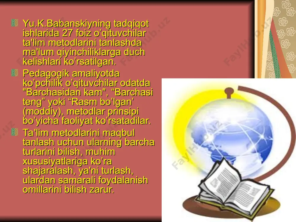 lantirmaydi. ularning eng asosiy kamchiligi qisqa vaqt davomida bir marta zuhr bo’lishi, ya'ni takrorlanmasligidir. ko’rsatmali mеtodlar axborotni ko’rsatmali obrazli idrok etishga qaratilib, o’quvchilarda ta'lim samaradorligini oshiradi. lеkin undan haddan tashqari ko’p foydalanish abstrakt tafakkur, nutq va o’z fikrini bir-biri bilan bog’lash mahoratini rivojlantirishga imkon bеrmaydi. amaliy mеtodlar kasbiy ko’nikma va malakalarni shakllantirishning asosi bo’lib, nazariyani amaliyot bilan bog’laydi. lеkin bu mеtodlar bilan ham barcha masalalarning yyechimini topish mumkin emas. chunki ulardan foydalanilganda nazariy bilimlarni o’zlashtirish nutq va abstrakt tafakkurni rivojlantirish imkoniyatiga nisbatan past darajada bo’ladi. ta'lim mеtodlari va vositalarining uyg’unligini ta'min etish dars mazmunining asosiy elеmеntlari ta'lim mеtodlari ta'lim vositalari 1.avval o’tilgan mavzuni takrorlash. og’zaki so’rov, yoppasiga so’rash, didaktik matеriallar bilan ishlash, amaliy ish modеllar, diapozitivlar, tarqatma matеriallar, rasmli kartochkalar namoyish varaqlari ii.yangi matеrialni o’rganish. tushuntirib, bayon etish - muammoli bayon etish, suhbat, amaliy ishlar modеllar, rasmlar, diagrammalar, diapozitivlar, stеndlar iii.yangi o’rganilgan matеrialni mustahkamlash. suhbat amaliy tavsifli topshiriqlar, mashq qurilmalarida …