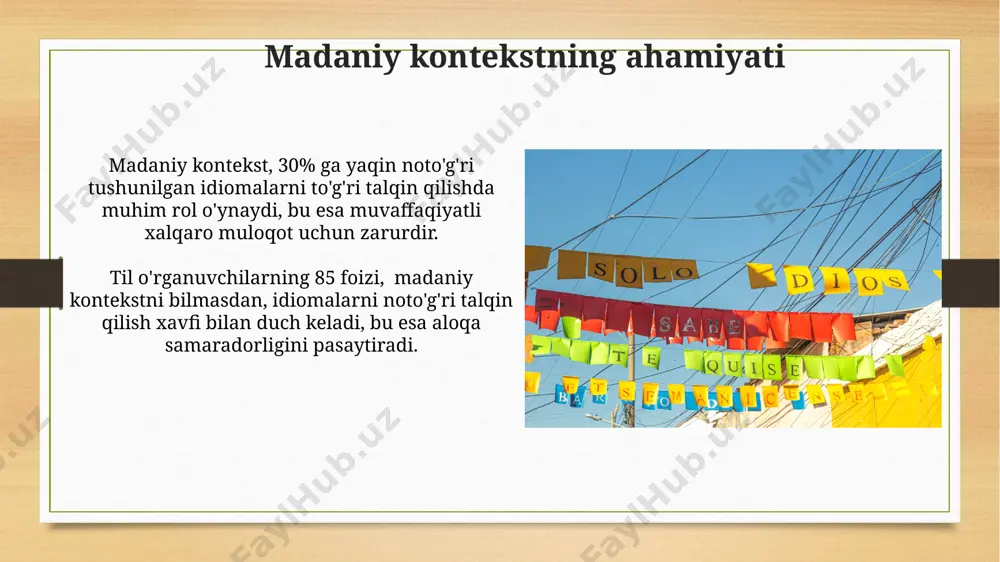 yordam beradi va effektiv aloqani ta'minlaydi. idiomalar, madaniy kontekstga bog'liq bo'lgan ma'no va ifodalarni o'z ichiga oladi, shuning uchun 30% ga yaqin idiomalar to'g'ridan-to'g'ri tarjima qilinmaydi va noto'g'ri tushunilishi mumkin. idiomalarning muayyan vaziyatlarda qo'llanishi "suvdan quruq chiqish" kabi idiomalar muammoli vaziyatlardan zararsiz chiqishni bildiradi. bunday hollarda 100% muvaffaqiyat kafolatlanmasa-da, muammoli holatdan yaxshi natija bilan chiqish istagi aks etadi. "yulduzlarga yetish" iborasi orzu va intilishlarning balandligini ifodalaydi. ushbu idiom, maqsadga erishish ehtimoli qanchalik qiyin bo'lishidan qat'iy nazar, yuqori ambitsiyani ko'rsatadi. e'tiboringiz uchun rahmat @taqdimot_robot image7.jpg image8.jpg image9.jpg image10.jpg image11.jpg image12.jpg image13.jpg image14.jpg image15.jpg image16.jpg image17.jpg image18.jpg image19.jpg image20.jpg image21.jpg image22.jpg image23.jpg image3.png image4.png