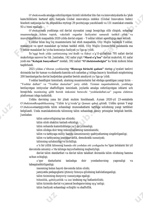 ng 7-fevral kungi “o’zbekistonrespublikasini yanada rivojlantirish bo’yicha harakatlar strategiyasi to’g’risida”gi farmoni bilan 2017-2021-yillarda o’zbekistonrespublikasini rivojlantirishning beshta ustuvor yo’nalishi bo’yicha harakatlar strategiyasi qabul qilindi. mazkur strategiyaning “ijtimoiy sohani rivojlantirish” deb nomlangan to’rtinchi yo’nalish aholi, ayniqsa yoshlarning bandligini táminlash, fuqarolarni ijtimoiy himoya qilish va salomatligini saqlash, fan, tálim, madaniyat va sport sohasini takomillashtirish, yo’l- transport, muhandislik-kommunikatsiya hamda ijtimoiy infratuzilmani rivojlantirish chora- tadbirlarini amalga oshirish maqsadlariga qaratilgan edi. bu doirada mamlakatimizning har bir yilida fuqarolarning ilm olishga qaratilgan nomlar berilib, bu doirada keng ko’lamli strategik islohotlar olib borildi. jumladan; 2017-yilda “xalq bilan muloqot va inson manfaatlari yili” davlat dasturi; 2018-yilda “faol tadbirkorlik, innovatsion g’oyalar va texnologiyalarni qo’llab- quvvatlash yili” davlat dasturi; 2019-yilda “faol investitsiyalar va ijtimoiy rivojlanish yili” davlat dasturi amalga oshirildi. 2020-yilda “ilm, márifat va raqamli iqtisodiyotni rivojlantirish yili” davlat dasturi asosida belgilangan chora-tadbirlar amalga oshirib kelinmoqda. jumladan mazkur birinchi davrda o’tgan 5 yil ichida o’zbekistonning ijtimoiy sohani rivojlantirishning ustuvor yo’nalishlari borasidagi …