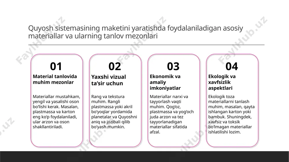 arni tushuntirishda vizual taqdimotlar muhim. ular planetlar, ularning orbitlari va fazalarni aniqroq ko‘rsatadi, o‘quvchilarning tushunishini oshiradi. 2 amaliy simulyatsiya va interaktivlik - model bilan ishlash jarayonida amaliy simulyatsiya va interaktivlik ta’lim jarayonini qiziqarli va samarali qiladi. o‘quvchilar o‘zlari bilan faol ishtirok etadi. 3 tashkiliy va vizual tushuntirish usullari - model yordamida astronomik tushunchalarni tartib bilan va vizual tarzda tushuntirish osonroq bo‘ladi. bu usul murakkab konseptlarni oddiy va aniq qilib taqdim etadi. quyosh sistemi maketini yaratishda foydalaniladigan asosiy materiallar va usullarni tahlil qilish. material tanlovi va sifati quyosh sistemasining maketini yaratishda qattiq, yengil va mustahkam materiallar tanlanadi. masalan, plastmassa, karton va polistirol keng qo'llaniladi, chunki ular oson shakllantiriladi va chidamlidir. texnikalar va usullar modellash uchun lazer kesish, bo'yash va yopishtirish kabi texnikalar ishlatiladi. bu usullar yordamida elementlar aniqlik bilan tayyorlanadi va maketning vizual jozibadorligi oshadi. materiallarning afzalliklari har bir materialning o'ziga xos afzalliklari bor: plastmassa yengil va chidamli, karton esa arzon …