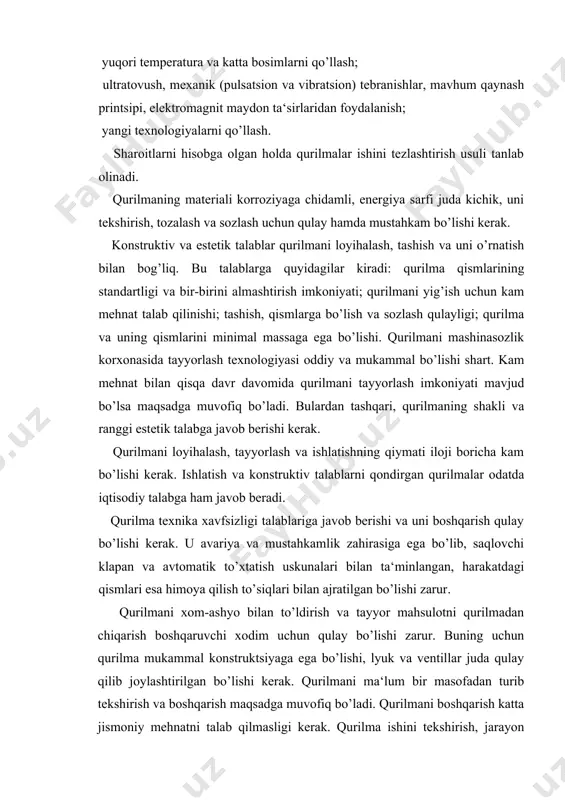 rgonomika shartlarini) talab qiladi. ergonomika – mehnat sharoitini insonga moslash haqidagi fandir. ergonomikaning asosiy elementlari – texnologiya qurilmasi konstruktsiyasiga gigienik va estetik talablar qo’yishdan iborat. qurilma va mashinalarning sifati ularning yuqori samaradorligidan tashqari mehnat uchun yordam beradigan qulay gigienik sharoit yaratib berishi bilan ham belgilanadi. katta hajmli ishlab chiqarishlar yirik qurilmalar loyihalashni talab qiladi. bunday qurilmalarni ma‘lum bir hajmga (yoki yuzaga) nisbatan olgan ish unumi ancha yuqori bo’ladi. yirik qurilmalardan foydalanish kapital mablag’ va ekspluatatsiya sarflarni kamaytirganda ularning ish unumini ko’paytirish mumkin. bunday qurilmalar ishlatilganda trubaprovodlar uzunligi, armatura, tekshirish-o’lchov asboblari va avtomatlash uskunalarining soni, bir tonna mahsulot uchun sarflanadigan metallning miqdori kamayadi, qurilish maydoni, qurilmani boshqaradigan va uni sozlaydigan xodimlarning soni qisqaradi. hozirda sanoatda ishlatilayotgan qurilmalarga nisbatan ish unumdorligi 5-10 marta yuqori bo’lgan qurilmalar yaratilmoqda. masalan, polietilenni yuqori bosim (500-700 mpa) da ishlab chiqarish uchun texnologik jarayonlar o’rganilmoqda. katta o’lchamli qurilmalarni loyihalashda ularni tashish ham hisobga olinadi. qurilmalarning ish unumdorligi …