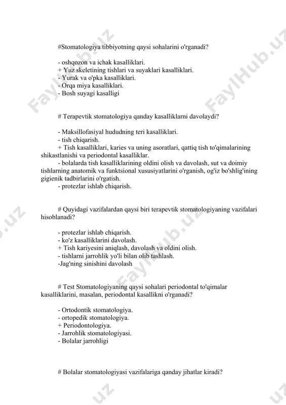 ini to'ldirish. + odontogen bo'lmagan va odontogenga bo'lingan bosh va bo'yinning yallig'lanish kasalliklarini davolash. -bolalarda tish kasalliklarining oldini olish va davolash, sut va doimiy tishlarning anatomik-funksional xususiyatlarini o‘rganish, og‘iz bo‘shlig‘ining gigienik tadbirlariga o‘rgatish. - tish implantatsiyasi. #odontogen yallig'lanish kasalliklarini davolashda xirurgik stomatologiya va yuz-jag' jarrohligi qanday kasalliklarni o'rganadi? - barcha tishlarning bir vaqtning o'zida shikastlanishi natijasida kelib chiqqan yallig'lanish. + infektsiya tishning ildiz atrofidagi to'qimalardan periosteum, suyak, maksiller sinusga tarqalishida rivojlanadigan yallig'lanish; ba'zi hollarda jiddiy asoratlarga olib kelishi mumkin. - bosh va bo'yinning yuz qismining bir vaqtning o'zida shikastlanishi natijasida kelib chiqqan yallig'lanish. -tish kasalliklari, karies va uning asoratlari, qattiq tish to'qimalarining shikastlanishi va periodontal kasalliklar. . - bolalarda tish kasalliklarining oldini olish va davolash, sut va doimiy tishlarning anatomik va funktsional xususiyatlarini o'rganish, og'iz bo'shlig'ining gigienik tadbirlarini o'rgatish. #odontogen bo'lmagan yallig'lanish kasalliklarini davolashda stomatologik jarrohlik va yuz-jag' jarrohligi qanday jihatlarni qamrab oladi? - tish implantatsiyasi - ildiz kanallarini to'ldirish. …