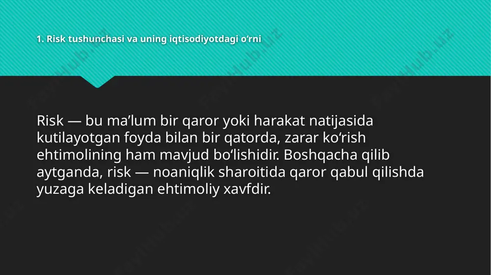 qiyinlashishi, stavkalar pasayganda esa bankning daromadlari kamayishi mumkin. 4. valyuta riski bu risk valyuta kurslarining o‘zgarishi bilan bog‘liqdir. xalqaro operatsiyalarni amalga oshiruvchi banklar uchun bu risk ayniqsa muhimdir. masalan, dollar yoki yevro kursining tez o‘zgarishi bank daromadlariga sezilarli ta’sir ko‘rsatadi. 5. bozor (moliyaviy) riski fond bozorida aksiyalar, obligatsiyalar yoki boshqa moliyaviy aktivlarning narxi tushib ketishi natijasida yuzaga keladigan riskdir. bank investitsiya portfelining qiymati pasayib ketishi mumkin. 6. operatsion risk bank ichki tizimidagi xatoliklar, inson omili, texnik nosozliklar, kiberxavfsizlik muammolari tufayli yuzaga keladigan riskdir. masalan, xodimning xatosi yoki dasturiy ta’minotdagi nosozlik bankka katta zarar keltirishi mumkin. 7. reputatsion risk bankning mijozlar orasidagi obro‘-e’tiborining tushib ketishi bilan bog‘liq riskdir. agar bank xizmatlarida kamchiliklar ko‘p bo‘lsa yoki u yirik moliyaviy muammoga duch kelsa, mijozlar undan yuz o‘girishi mumkin. 8. huquqiy va tartibga solish riski bank faoliyatiga taalluqli qonunlarda o‘zgarishlar yoki xalqaro normalarga rioya qilmaslik bilan bog‘liq riskdir. masalan, soliq siyosatidagi o‘zgarishlar yoki yangi …