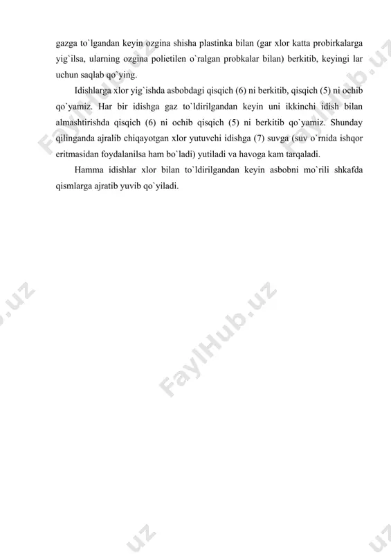 iz. har bir idishga gaz to`ldirilgandan keyin uni ikkinchi idish bilan almashtirishda qisqich (6) ni ochib qisqich (5) ni berkitib qo`yamiz. shunday qilinganda ajralib chiqayotgan xlor yutuvchi idishga (7) suvga (suv o`rnida ishqor eritmasidan foydalanilsa ham bo`ladi) yutiladi va havoga kam tarqaladi. hamma idishlar xlor bilan to`ldirilgandan keyin asbobni mo`rili shkafda qismlarga ajratib yuvib qo`yiladi. adabiyotlar: 1. q. axmerov, a. jalilov, r. sayfutdinov. umumiy va anorganik kimyo. toshkent: “o’zbekiston”, 2003. 2. k. rasulov, sh. mirkomilov, m. nishonov, m. sodiqov. anorganik kimyo. toshkent: fan va texnologiya, 2012. 3. к. расулов, о. юлдошев, б. қораболаев. умумий ва анорганик кимё. т.: «ўқитувчи», 1996. 4. n.a. parpiyev, x.r. raximov, a.g. muftaxov. anorganik kimyo nazariy asoslari. toshkent. «o’zbekiston». 2000y 5. bozorov n.i. umumiy kimyo. toshkent: adabiyot uchqunlari, 2017.-368 b. 6. raymond chang.general chemistry:the essential concepts. mcgraw-hill education; enland. -2013. 7. analitical chemistry. 6th. edition. gary d. christian.university of washington.2004.848 8. paula yurkanis bruice, organik chemistry, …