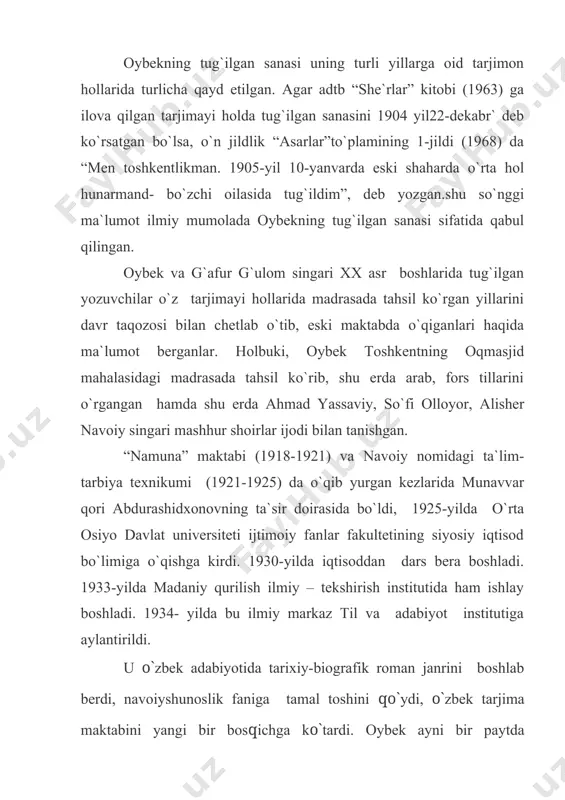 ushmasiga (1945-1949) rahbarlik qilgan yillarida yirik jamoat arbobi sifatida ham faoliyat ko`rsatdi. muso toshmuhammad o`g`li oybek o`zi mansub bo`lgan adabiy avlod vakillari farqli o`laroq, 20-yillar she`riyatida, ba`zi bir istisnolardan qat`iy nazar, davrning o`tkinchi ijtimoiy mavzulari emas, balki lirik tuyg`u va kechinmalar tasviriga katta e`tibor berdi. uning 1926-yilda nashr etilgan dastlabki she`riy to`plamining “tuyg`ular” deb atalgani bejiz emas. oybekning lirik shoir sifatidagi iste`dodi uning tabiat manzaralari tasviriga bag`ishlangan she`rlarida yana ham yorqin jilva berib turadi. oybekning lirik she`riyatiga tabiat tasvirining bahor shabadasidek kirib kelishi va katta o`rin egallashida uning 1936-yil yozida chimyonda uch to`rt oy yashagani muhim omil bo`ldi. ma`lumki, shu yili hamid olimjon, shayxzoda, abdulla qahhor singari bir guruh shoir va yozuvchilar chimyonga chiqib, ulug` shoir aleksandr pushkin asarlarini tarjima qilganlar. oybek uning “evgeniy onegin” she`riy romanini o`zbek tiliga tarjima qilish bilan birga, o`zining mashhur “chimyon daftari” she`rlar turkumini ham yaratgan. oybekning tabiat tasviriga bag`ishlangan she`rlarini o`qir ekanmiz, uning katta …