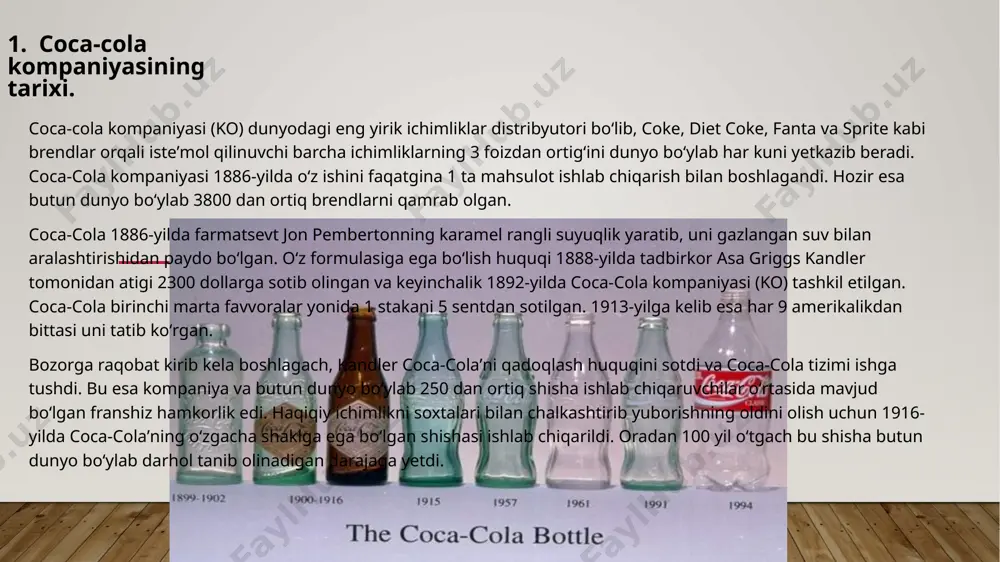 riga (masalan, fifa jahon kubogi va olimpiya oʻyinlari) homiylik qilish orqali coca-cola oʻsha davrdagi isteʼmolchi tendensiyasidan qatʼi nazar, omma oldida obroʻsini saqlab qolishga ishonch hosil qildi. forbes 2017-yilda coca-colaʼni dunyodagi eng qimmatli brendlar beshligidan biri sifatida eʼtirof etdi. bu muvaffaqiyatning katta qismi uning dunyoning barcha burchaklarigacha yetib borgan marketing kampaniyalarining hissasiga toʻgʻri keladi. har kuni 1,7 milliard porsiyadan ortiq coca-cola mahsulotlari taqdim etilib, u dunyodagi eng keng tarqalgan ichimliklardan biri boʻlib qolmoqda. coca-cola brendining yaratilishi va rivojlanishi. coca-cola yoki coke — the coca-cola company kompaniyasi tomonidan chiqariladigan alkogolsiz gazli ichimlik. „coca-cola“ 2005–2011-yillar oraligʻida interbrend xalqoro tekshirish agentligi reytingi boʻyicha dunyodagi eng qimmat brend deb topilgan. bugungi kunda bu ichimlik dunyodagi 200 dan ortiq mamlakatlarda sotiladi .. coca-cola kompaniyasining rivojlanishi asosan tört dona faktorga asoslanadi: marka taniniqliği, innovatsiya, global marketing, va strategyali hamkorliklar. coca-cola, agressiv reklam kampaniyalari va innovatsiyalar orqali marka taniniqliğini oshirdi. shuningdek, uning global marketing strategiyalari dunyo boʻylab doimiy …