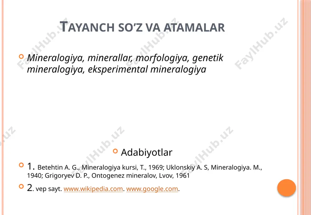 ya minerallar tipomorfizmi haqidagi taʼlimotni; ontogenetik va kristallomorfologik taxlilni; qattiq va gazsuyuklik kiritmalarni ta-dqiq qilish va boshqalarni oʻz ichiga oladi. genetik mineralogiya eksperimental mineralogiya eksperimental mineralogiya tabiatda minerallarning vujudga kelish sharoitlarini aniqlash maqsadida tabiiy jarayonlarni modellashtirish va fizikkimyoviy sistemalarni urganish bilan shugʻullanadi. minerallarni (olmos, pyezokvars kristallari, optik flyuorit, laʼl, granat va boshqalar) sintez qilish ham shu sohaga yaqin turadi kompleks foydalanish amaliy va texnik-iqtisodiy mineralogik mineral xom ashyodan kompleks foydalanishga qaratilgan va undan olinadigan foydali qismlarini koʻpaytirish uchun yangi mineral turlarini mineralogik tadqiq qilib, sanoatda foydalanish muammolari bilan shug-ullanadi; minerallarning texnologik xususiyatlari ularning tarkibi va strukturasiga bogʻliqligini, rudani boyitish jarayonida minerallarning uzgarishi, erishi va boshqa ni oʻrganadi, qidirishning maxsus mineralogik metodlarini ishlab chikadi. tarixi mineralogiya odamlarning amaliy ehti-yojidan kelib chiqqan holda juda qadimda vujudga kelgan. oʻsha davrlarda toshdan keng koʻlamda foydalanilgan. dastlabki maʼlumotlar qad. hind diniy kitoblari va dostonlari, miloddan avvalgi 4—2asrlarda yashagan yunon olimi teofrastning "toshlar haqida" va katta …