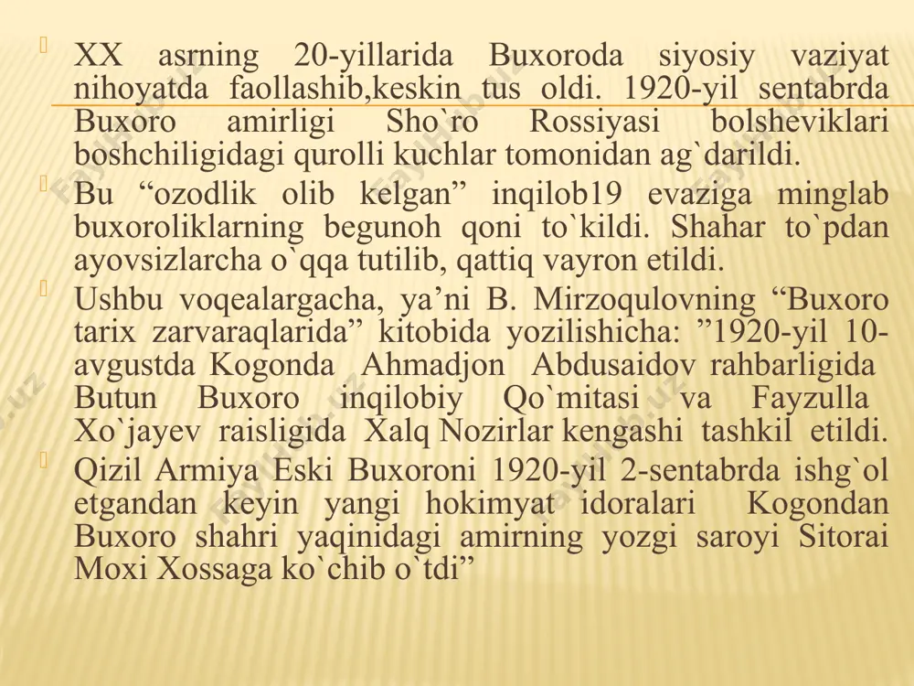 yangilik va burilishning mohiyati nimada?”kabi savollarga javob toppish payti keldi. f.h. qosimov ayni paytda buxoro xalq respublikasining tarixiy tadqiqotchisi, hamda tarixshunosi sifatida qalam tebratish kabi xayrli ishni bajardi. bxsr – qizil yulduz ordeni buxoro xalq respublikasi hukumatiga amirlik tartibidan nafaqat iqtisodiy, balki madaniy-maishiy qoloqlik ham meros bo`lib qoldi. bundan tashqari, qizil askarlar buxoroni zabt etganlarida qadimiy tarixiy obidalar, aholi uy-joylari, bino va inshootlar katta zarar ko`rgan edi. sobiq amirlikning poytaxti yarim vayrona holatga kelgan, ekologik muhit, ichimlik suvi muammosi, bezgak (varaja), rishta kabi kasalliklardan aholi qattiq azob chekardi. bxsr hukumati tomonidan aholining maishiy hayotini yaxshilash, sog`liqni saqlash masalalariga katta ahamiyat berila boshlangan. bxsr pul birligi (100 rubl) fayzulla xo`jayevning iii tomlik asarlarining i tomida shunday ma’lumotlar keltiriladi: “buxoroda yangi usul maktablari ochish, gazeta va jurnallar nashr etish, buxoro xalqining siyosiy, iqtisodiy, ijtimoiy va madaniy saviyasini yoppasiga ko`tarish maqsadida yosh buxoroliklarni yevropaga o`qishga yuborishga, ayrim qabilalar o`rtasida shu vaqtgacha davom qilib …