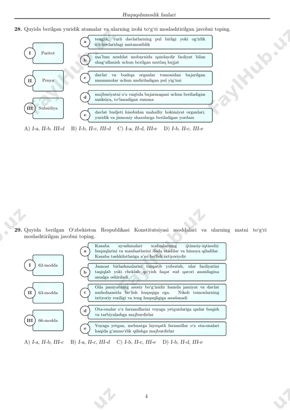 zirligi 18. kassa cheki − bu . . . . 1) tovarning sotib olinganligini yoki ishning haqi to‘langanligini tasdiqlaydigan, tovarning bahosi; 2) haq to‘langan sana hamda sotuvchining nomi va joylashgan manzili haqidagi ma’lumot ko‘rsatilgan hujjat; 3) haq to‘lanadigan sana va kassa apparatining raqami ko‘rsatilgan hujjat; 4) sotuvchining nomi, tovarning kafolat muddati va kassa apparatining raqami ko‘rsatilgan hujjat. a) 1, 3 b) 2, 4 c) 2, 3 d) 1, 4 19. intizomiy jazoning amal qilish muddatini ko‘rsating. a) 6 oy b) 2 yil c) 9 oy d) 1 yil 20. o‘zbekiston respublikasi mehnat kodeksiga ko‘ra, ish beruvchi quyidagi qaysi toifaga mansub shaxslarga nisbatan sinov muddati belgilashga haqli emas? 1) uch yoshga to‘lmagan bolasi bor ayollarga; 2) xodimlar bilan bir yil muddatga mehnat shartnomasi tuzilganda; 3) pensiya yoshiga yetgan shaxslarga; 4) korxona uchun belgilangan minimal ish joylari hisobidan ishga yuborilgan shaxslarga. a) 2, 3 b) 1, 3 c) 2, 4 d) 1, …