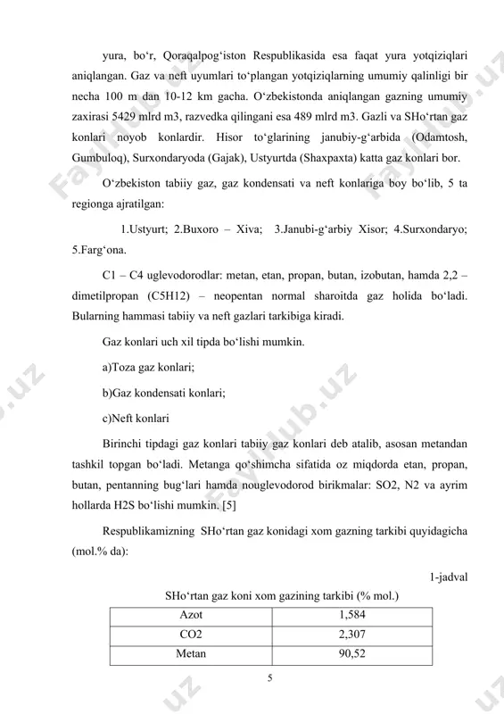 ol.% da): 1-jadval shо‘rtan gaz koni xom gazining tarkibi (% mol.) azot 1,584 co2 2,307 metan 90,52 etan 3,537 propan 1,06 i – butan 0,209 n – butan 0,260 i – pentan 0,110 geksan 0,119 geptan 0,112 h2s 0,08 n – pentan 0,093 gazning tarkibida metan juda kо‘pchilikni tashkil qilsa, bunday gaz “quruq gaz” deyiladi. gaz kondensati konlaridan chiqadigan gaz, odatdagi gazdan farq qilib, metandan tashqari kо‘p miqdorda (2-5% va undan ortiq) s​5 va undan yuqori gomologlari mavjud bо‘ladi. gaz qazib olinayotganda bosimning tushishi oqibatida ular kondensatga (suyuqlikka) aylanadilar. gaz kondensati konlaridan ajralib chiqqan gazning tarkibi, kondensatlar ajratib olingandan keyin, “quruq gaz” tarkibiga yaqin bо‘ladi. neft konlaridan ajratib olinadigan gazlar yо‘ldosh neft gazlari deyiladi. ushbu gazlar neftda erigan bо‘ladi va ular kondan chiqarib olingandan sо‘ng ajralib qoladi. yо‘ldosh neft gazlari tarkibi “quruq gazlar” dan keskin farq qilib etan, propan, butanlar va yuqori uglevodorodlar ham bо‘ladi. gaz kondensatlari – tabiiy gazning …