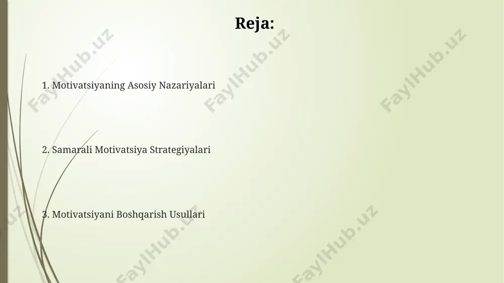 qadrli his qilishini ta'minlash muhim, bu esa samaradorlikni 25% ga oshirishi mumkin. xodimlarga o'zlarining professional rivojlanishi uchun imkoniyatlarni taqdim etish, masalan, treninglar va o'quv dasturlari orqali, ularning motivatsiyasini 30% gacha oshirishi mumkin. motivatsiyani baholash va o'lchash motivatsiya darajasini o'lchash uchun so'rovnomalar va psixometrik testlardan foydalanish, javoblarni statistik tahlil qilish orqali 3 ta asosiy motivatsion omil – ichki, tashqi va ijtimoiy motivatsiyani aniqlashga yordam beradi. xodimlar samaradorligini kuzatish va ularning bajargan ishlariga nisbatan mukofotlar sonini tahlil qilish orqali motivatsiya darajasini o'lchash mumkin, bu esa ish unumdorligining 20% ga oshishiga olib kelishi mumkin. motivatsiyani baholashda 5 balldan iborat likert shkalasi yordamida xodimlarni o'zlarining ishlariga qanchalik qiziqishi va motivatsiyasi darajasini aniqlash mumkin, bu esa 70% dan yuqori aniqlikni ta'minlaydi. motivatsiya ta'rifi va ahamiyati motivatsiyaning ahamiyati yuqori ish samaradorligi, kam xatoliklar soni va komandadagi yuqori darajadagi hamkorlik orqali namoyon bo'ladi, bu esa 20% ga foyda o'sishini ta'minlaydi. motivatsiya – bu xodimlarning maqsadlarga erishish uchun …