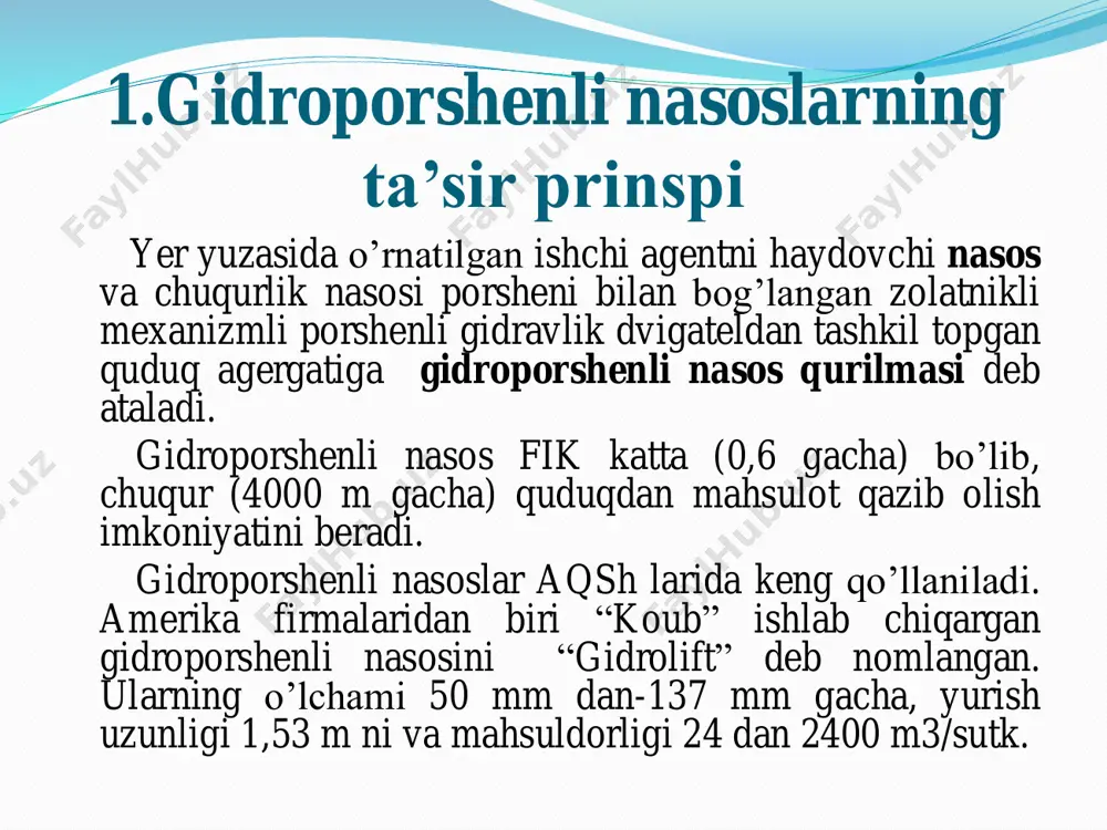 n keyin to’rt chiqishli jumrak (zolotnik) avtomatik ravishda 90o burilab, uning kanallari 1-rasimda punktir chiziq bilan ko’rsatilgan holatni egallaydi. zolotnikning yangi holatida ishchi agent quvurdan 1 dvigatel d silindrining pastki bo’shlig’iga yo’naltiriladi va ishni bajargan suyuqlik esa silindrning yuqori bo’shlig’idan chiqish chizig’iga 2 tushadi. pastki qismiga tushayotgan ishchi suyuqlik bosimi ta’sirida porshen 3 yuqoriga harakatlanadi. dvigatelga shtok bilan bog’langan zolotnik yuqoriga harakatlanishining oxirida teskari tomonga 90o buriladi va uning kanallari qaytadan birinchi holatni egallaydi. dvigatel porshenining harakatlanish tezligi va soni haydaladigan ishchi agent tezligiga bog’liq bo’ladi. quduq nasosi h porsheni (plunjer) 4 dvigatel shtoki bilan mustahkam briktirilgan, u ham oldinga va orqaga harakatlanadi. nasos silindri har ikkala tomonidan bittadan haydovchi 5 va so’ruchi 6 klapanlarga ega bo’ladi. porshen 4 pastga harakatlanishida qatlam suyuqligi nasosning botirilish chuqurligi ta’sirida hosil qilingan bosim ta’sirida aylanma kanal 7 va yuqori so’ruchi klapan 6 orqali nasos silindri ustki bo’shlig’iga tushadi. porshen 4 pastga harakatlanishida silindrning …