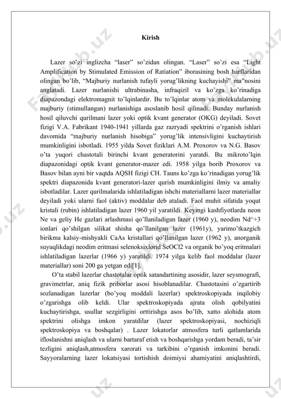i. lazer nurlanishi qishloq xo’jaligi zarakunandalariga qarshi kurashishida, geologik izlanishlarda, avtomatik boshqaruv ishlarida, sanoatda avtomatik nazorat ishlarida (detallarni sanash), jismlar sirtinishikastsiz nazorat qilishda keng qo’llanilmoqda. shuningdek,lazerlar tibbiyotda qo’llanila boshlandi. kvant generatorlarini odamlarni davolashda qo'llash haqida gap ketganda, leon goldmanni eslamaslik mumkin emas. u lazer tibbiyotining "otasi" sifatida tanilgan.birgalikda radiatsiya manbai ixtiro qilinganidan bir yil o'tgach, goldman uni teri kasalliklarini davolashda qo'llagan birinchi tadqiqotchi bo'ldi. olim tomonidan qo'llanilgan usul lazer dermatologiyasining keyingi rivojlanishiga yo'l ochdi.uning 60-yillarning o'rtalarida olib borgan tadqiqotlari retinali jarrohlikda yoqut kvant generatorini ishlatishga va kogerent nurlanishning terini bir vaqtning o'zida kesib tashlash va qon tomirlarini muhrlash, qon ketishini cheklash kabi kashfiyotlarga olib keldi.faoliyatining katta qismini cincinnati universitetida dermatolog sifatida o'tkazgan goldman amerika tibbiyot va jarrohlik sohasida lazerlar jamiyatiga asos soldi va lazer xavfsizligi uchun asos yaratishga yordam berdi[2] kurs ishining maqsadi: lazer fizikasi fani bo’yicha nazariy bilimni oshirish va amaliy ko’nikmalar hosil qilish. kurs ishining dolzarbligi: bo’lаjаk fizikа …