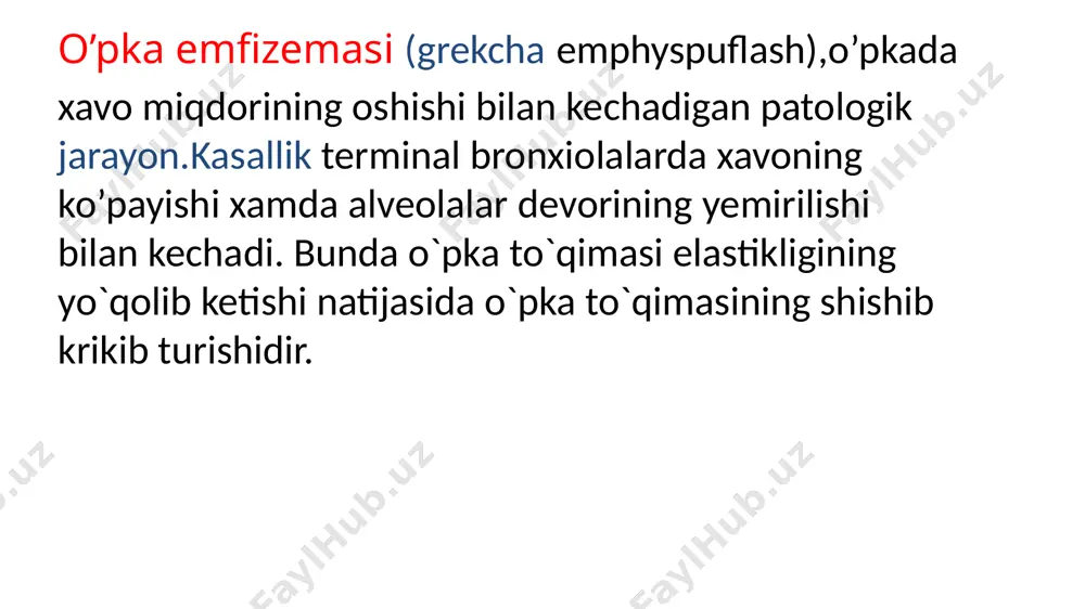 ash va o’pka emfizemasiga qarshi kurashishga bog’lik.surunkali yalig’lanish qaytarilganda antibacterial,bronxolitiklar va balg’am ko’chirish uchun balg’am xaydovchi dorilar buyriladi. o’pka emfizemasining oldini olishda o’tkir va surunkali branxit , pnevmaniya, branxial astmali bemorlarni to’liq, sifatli davolash, burun va tomoqdagi yallig’lanish jarayonlarini sanatsiya qilish ishga joylashda kasbning zararli tasirlari oldini olish batantarbiya bilan shug’ullanish tanani chiniqtirish axamyatlidir. profilaktikasi e’tiboringiz uchun raxmat! image1.jpeg image2.jpeg image3.jpeg image4.png