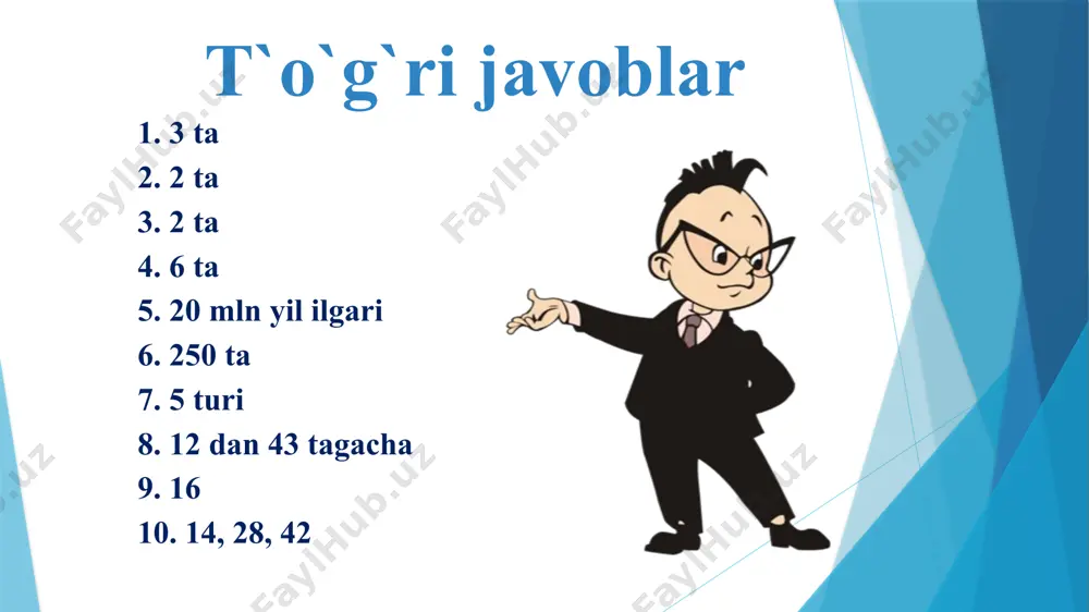 nokislotalar tarkibidagi farq (v. grant bo‘yicha) turlar farqlar soni odam – makaka 1 odam – ot 12 odam – kaptar 12 odam – ilon 14 odam – baqa 18 odam – akula 24 odam – drozoﬁla 29 odam – bug‘doy 43 odam – neyrospora 48 shunga o‘xshash ma’lumotlar odam va drozoﬁla bilan boshqa organizmlarning sitoxrom s oqsilining aminokislotalar tarkibini taqqoslaganda ham ko‘zga tashlanadi. oqsil evolutsiyasi darajasining tezligi yil davomida uning tarkibidagi aminokislotalar almashinuvi bilan belgilansa, genlarning evolutsion tezligi nukleotidlar almashinuvini aniqlash orqali bilinadi. makaka maymuni 66% kalamushnikiga 17%, lasos balig‘inikiga 8%, ichak tayoqchasi bakteriyasiga 2% odatda sistematik jihatdan bir-biriga yaqin turlarda mutatsiyalar soni kam, uzoq turlarda esa aksincha, ko‘p bo‘ladi. evolutsiyaning molekular soatlari. odatda bir qancha turlarda oqsillar divergensiyasini aniqlash orqali ularning bir-biridan ajralish muddati haqida mulohaza yuritiladi. oqsil tarkibidagi aminokislotalar almashinuviga qarab u yoki bu avlod oila, turkum, sinf, tiplarning divergensiya muddati aniqlanadi. β- globin oqsili shajarasini o‘rganish natijasida …
