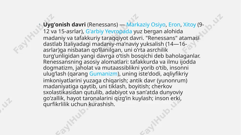 afasini qurʼon maʼrifati bilan uygʻunlashtirib, qayta tiklashga intilish tasavvuf taʼlimoti, "ishroq" falsafasida namoyon boʻlgan. shu asosda turli nazariyalar, taʼlimotlar yuzaga kelib, fikriy xilmaxillik rivojlandi. tasavvufiyorifona taʼlimotning qaror topishi, tariqatlar ham, aslida, hurfikrlik va inson kamolotiga boʻlgan ishonchning nishonasi edi sharq uygʻonish davri vakillari oʻz xalklarining ked. madaniyat bilan birga, yunon vahind xalklari merosidan ham foqdalanishgan. yunon olimlarining asarlari 8—9-asrlarda arab tiliga tarjima qshshndi, sharxlandi. aflotun, arastuni sharq faylasuflari ham oʻz ustozlari deb hisoblashgan, plotin qarashlari ibn alarabiyga taʼsir etib, "vahdatul vujud" falsafasiga turtki berdi. biroqyunonlar koʻp fikrlarni qad. osiyoliklardan olganlar. bu tarix qonuniyati; abu rayhon beruniyning "kitob attafhim li avoil sinoat attanjim" asari qoʻlyozmasi (13a).yuksalishga shaylangan xalq oʻz madaniyati va oʻzigacha yaratilgan bashariy yutuqlarni oʻzlashtirib, yana yuksaklikka koʻtariladi. sharq uygʻonish davri keng koʻlamli: taʼlim va tahlil, madrasamaorif rivojlangan, ulkan kutubxonalarda yuz minglab jild kitoblar yigʻilgan, "xazinat ulhikma", "dor ululum"larda tolibi ilmlar, ustozshogirdlar suhbati bardavom edi, olimning obroʻeʼtibori yuksak qadrlandi. sharq …